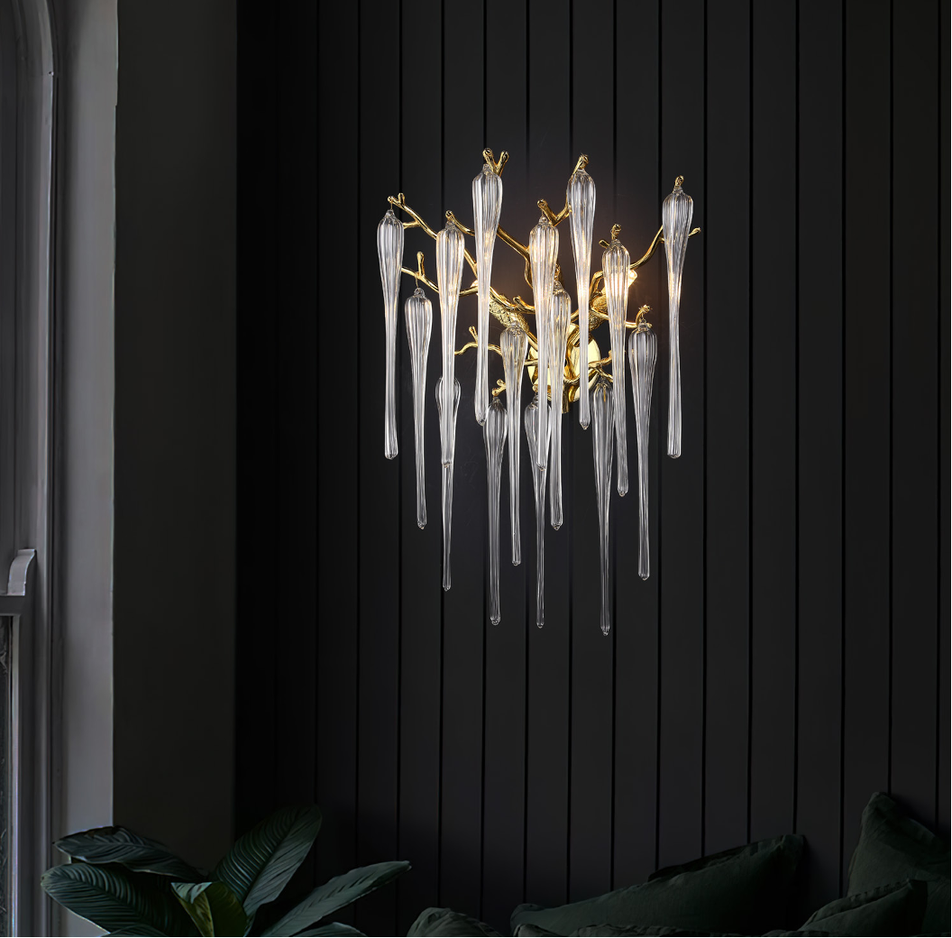 Luxury icicle wall light installed in refined interior with sculptural glass detailing