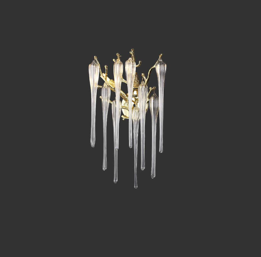Sculptural branch design with cascading glass drops on icicle wall light