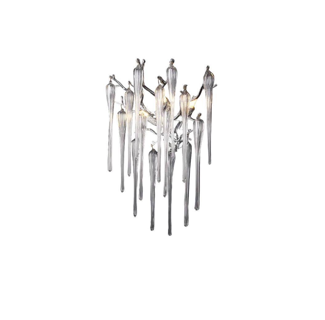 Icicle wall light with hand-formed glass drops on sculptural branch frame by VORELLI®