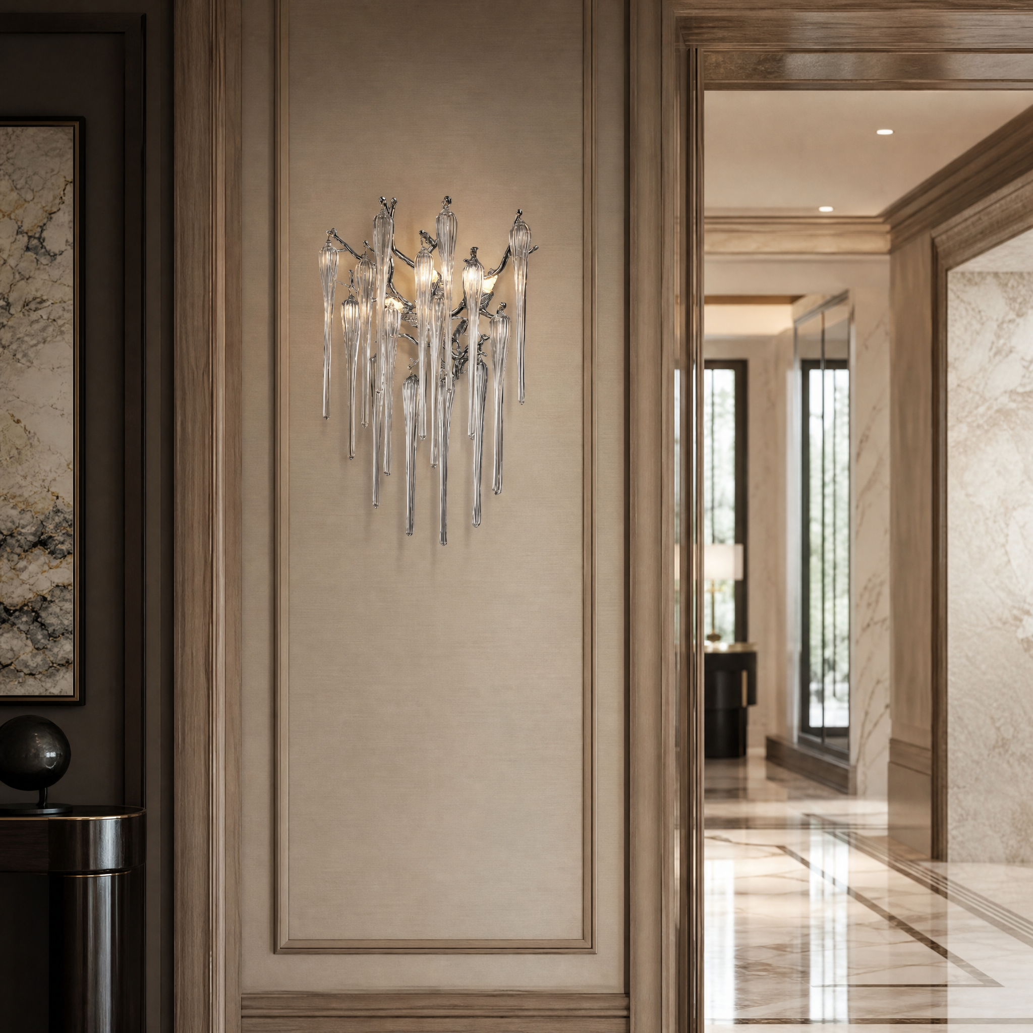 Elegant VORELLI Icicle Wall Sconces illuminating a high-end hotel lobby, creating a dramatic interplay of light and shadow.