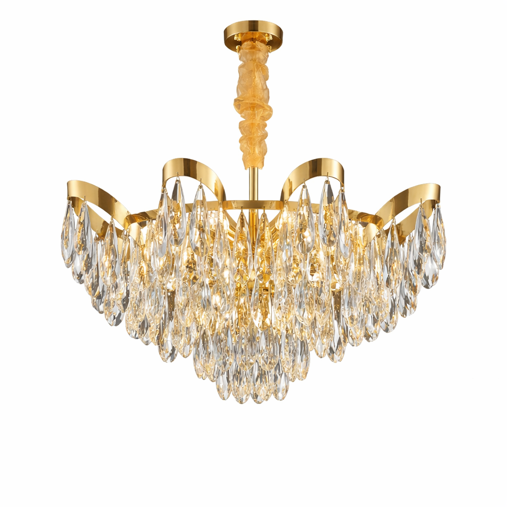 VORELLI Isso Circular Chandelier showcasing intricate diamond-cut teardrop crystals reflecting warm light in a luxury interior.