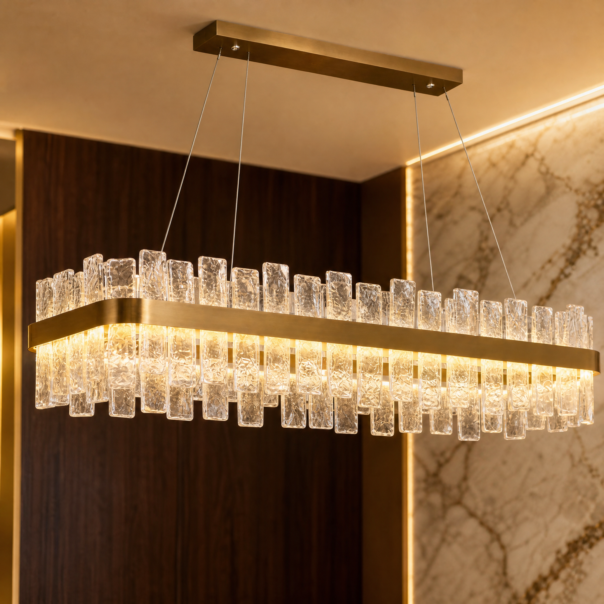 Close-up shot detailing the exquisite cracked crystal accents and sleek metal frame of the VORELLI Kensington chandelier.
