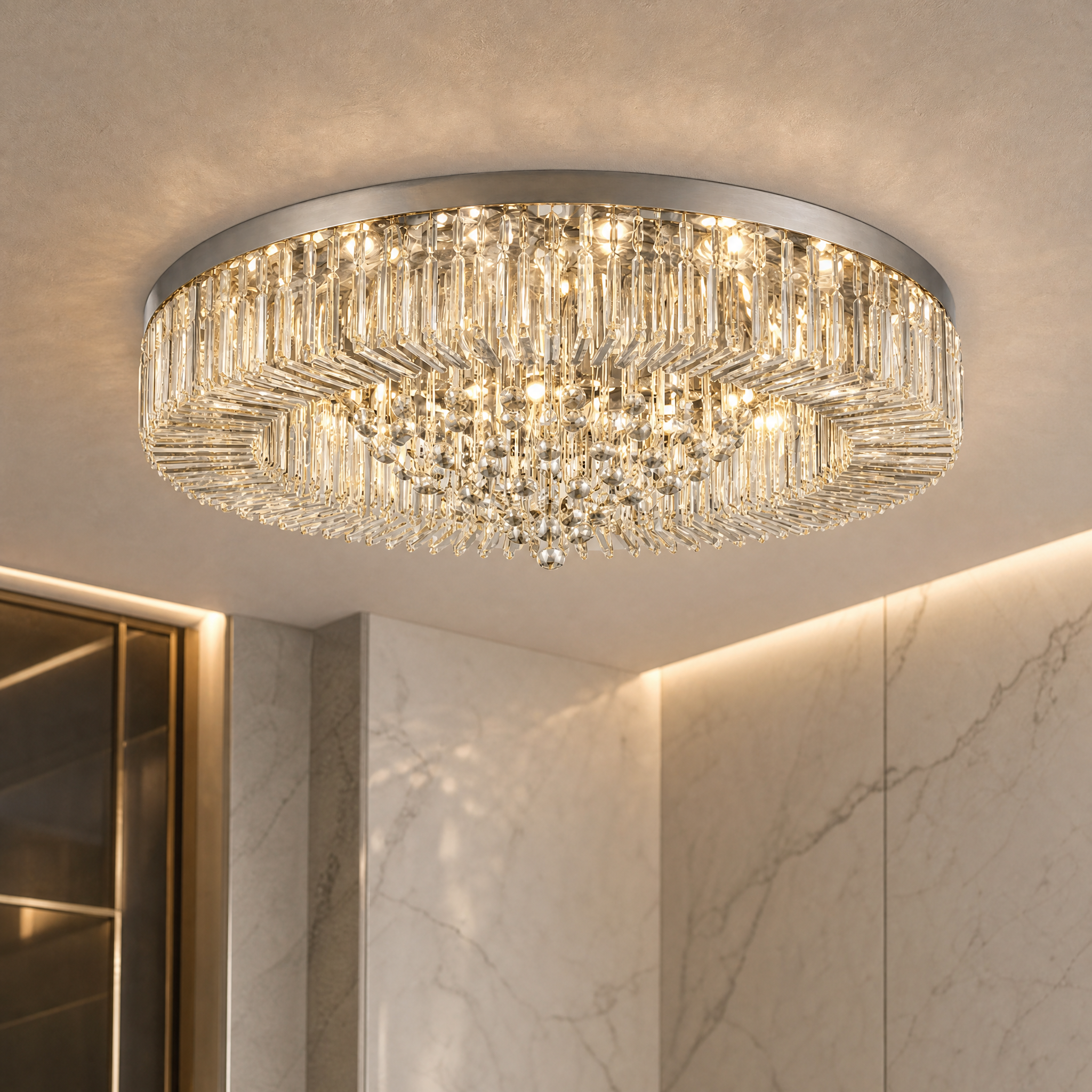 A macro closeup showing the intricate craftsmanship and brilliant refraction of the cascading diamond-cut crystals on the VORELLI Kiara ceiling light.