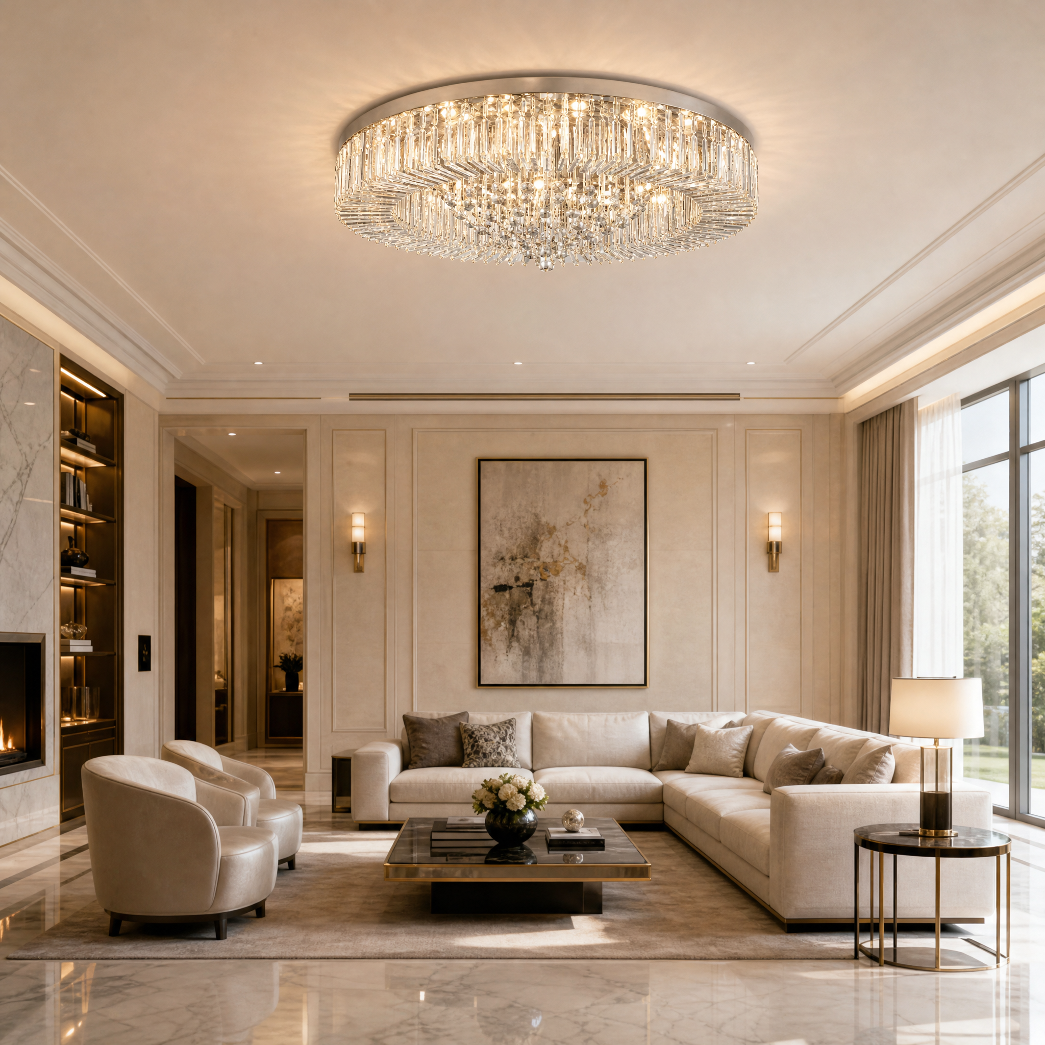 The VORELLI Kiara ceiling light featuring cascading diamond-cut crystals illuminates an elegant, modern residential living room centerpiece.