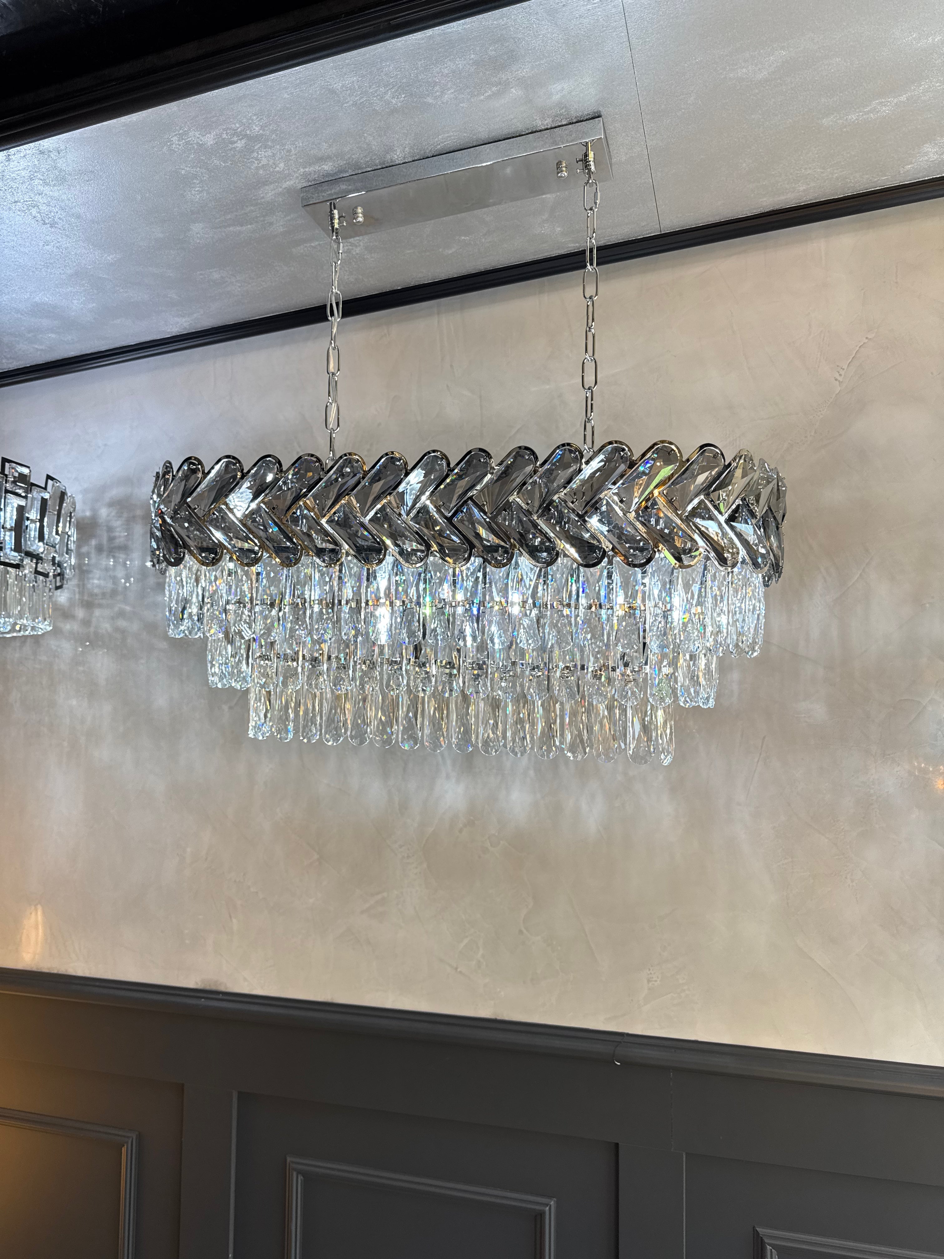 Chevron crystal frame design of the VORELLI® Knightsbridge rectangular chandelier