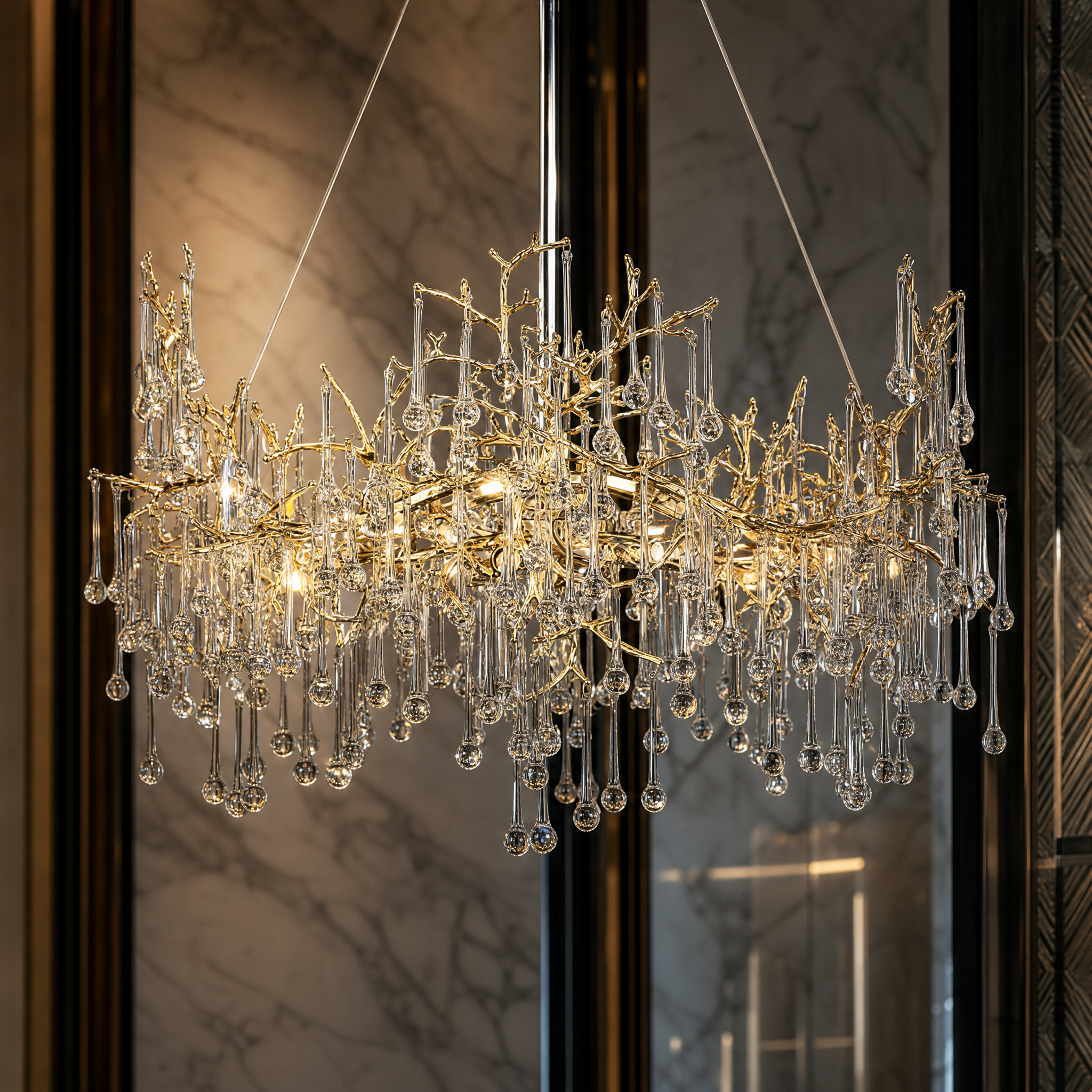Macro closeup of the hand-formed glass droplets and branching forms on the VORELLI® L’Albero d’Oro Circular Chandelier II.