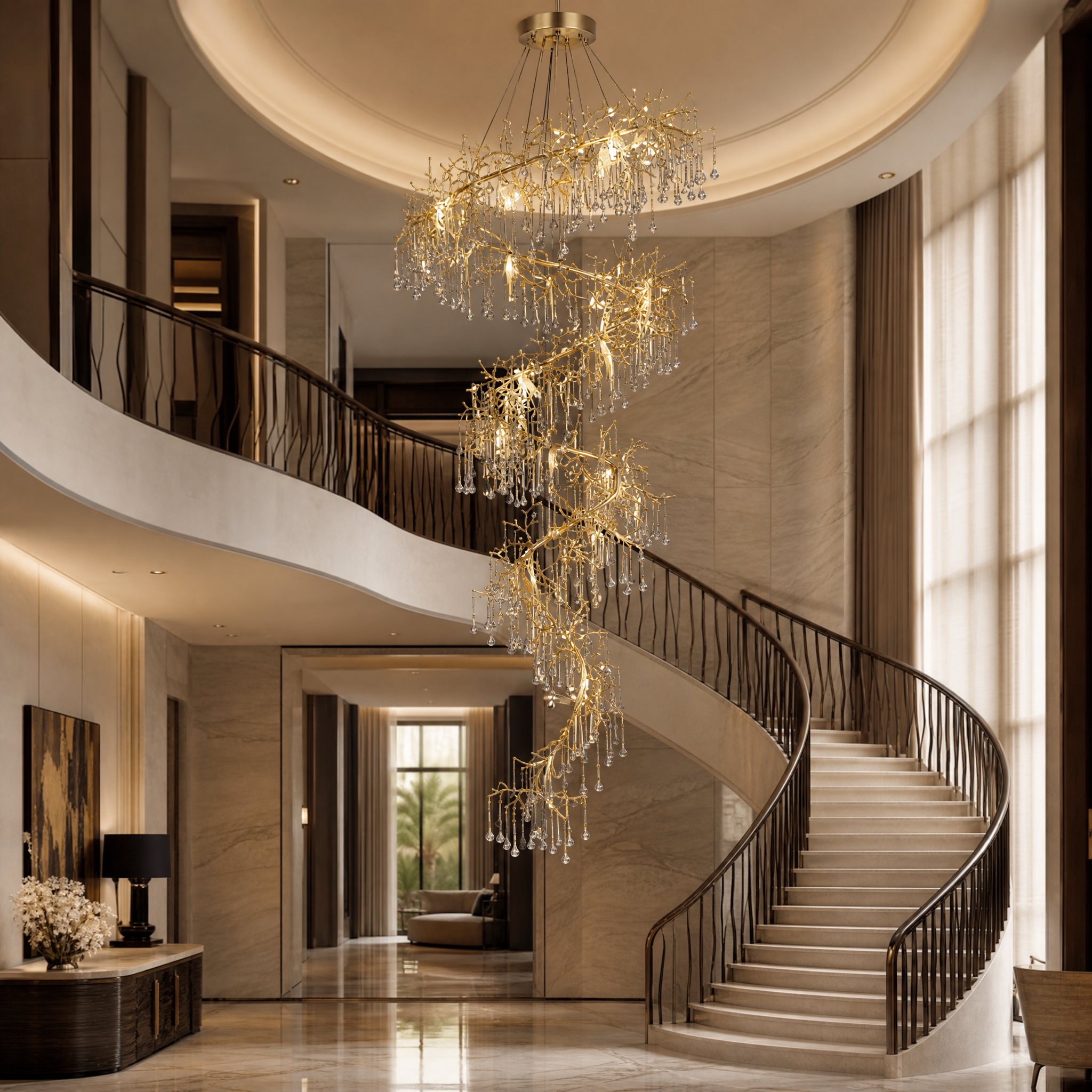 Grand VORELLI L’Albero d’Oro chandelier illuminating a luxury hotel architectural staircase with ambient brilliance