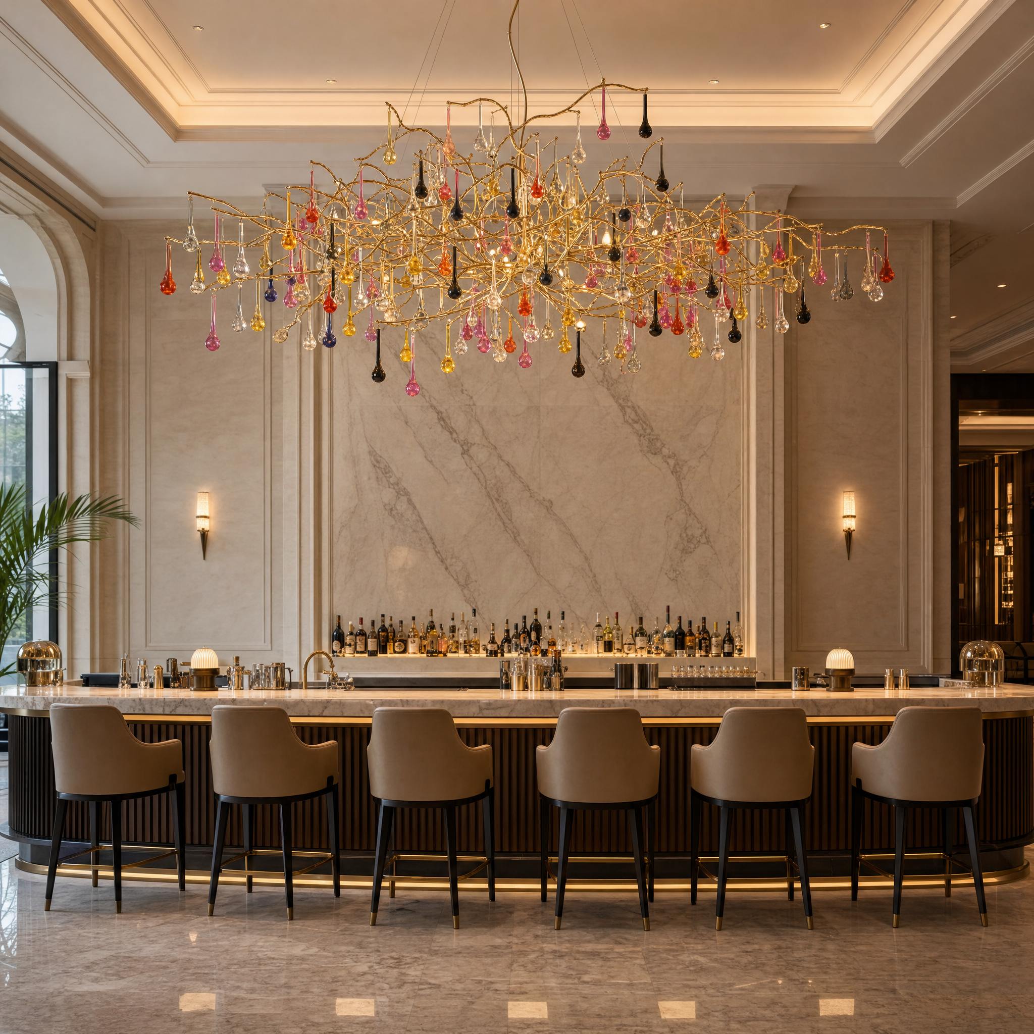 The sculptural gold branches and crystal droplets of the VORELLI L'Albero d'Oro Rectangular Chandelier II creating refined drama in a high-end hospitality lobby.
