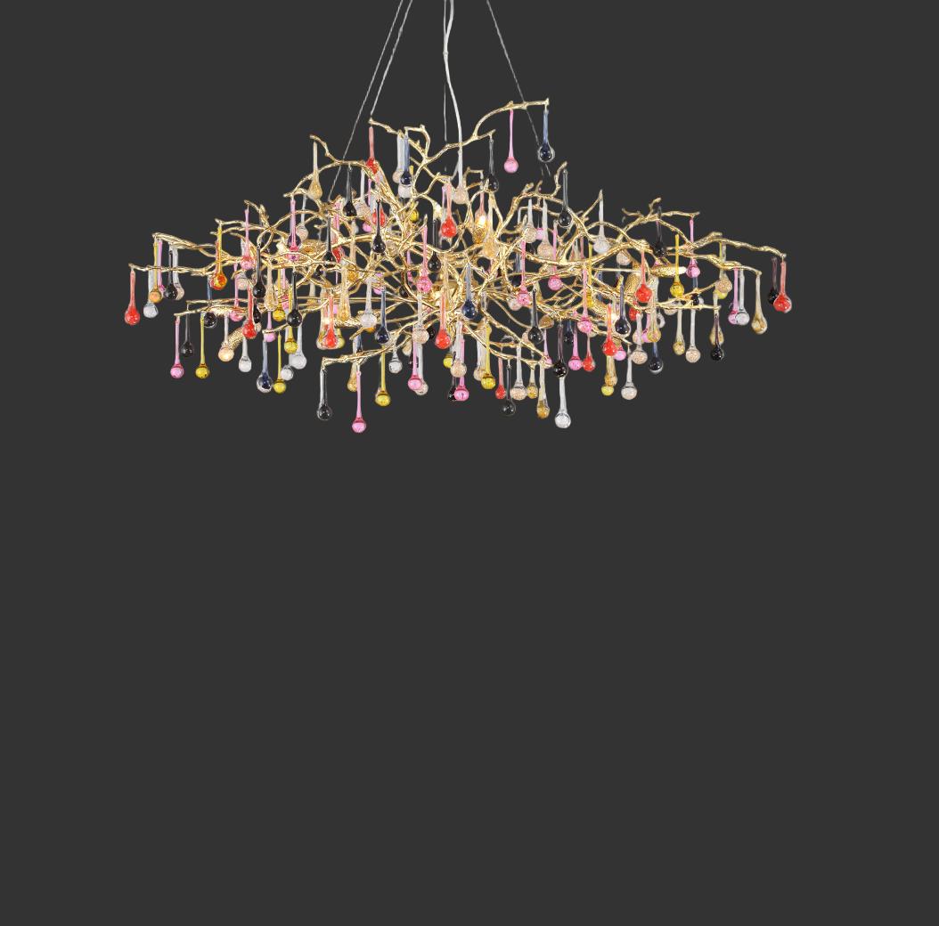 L’Albero d’Oro Rectangular Chandelier II with sculptural gold branches and hand-cut crystal droplets