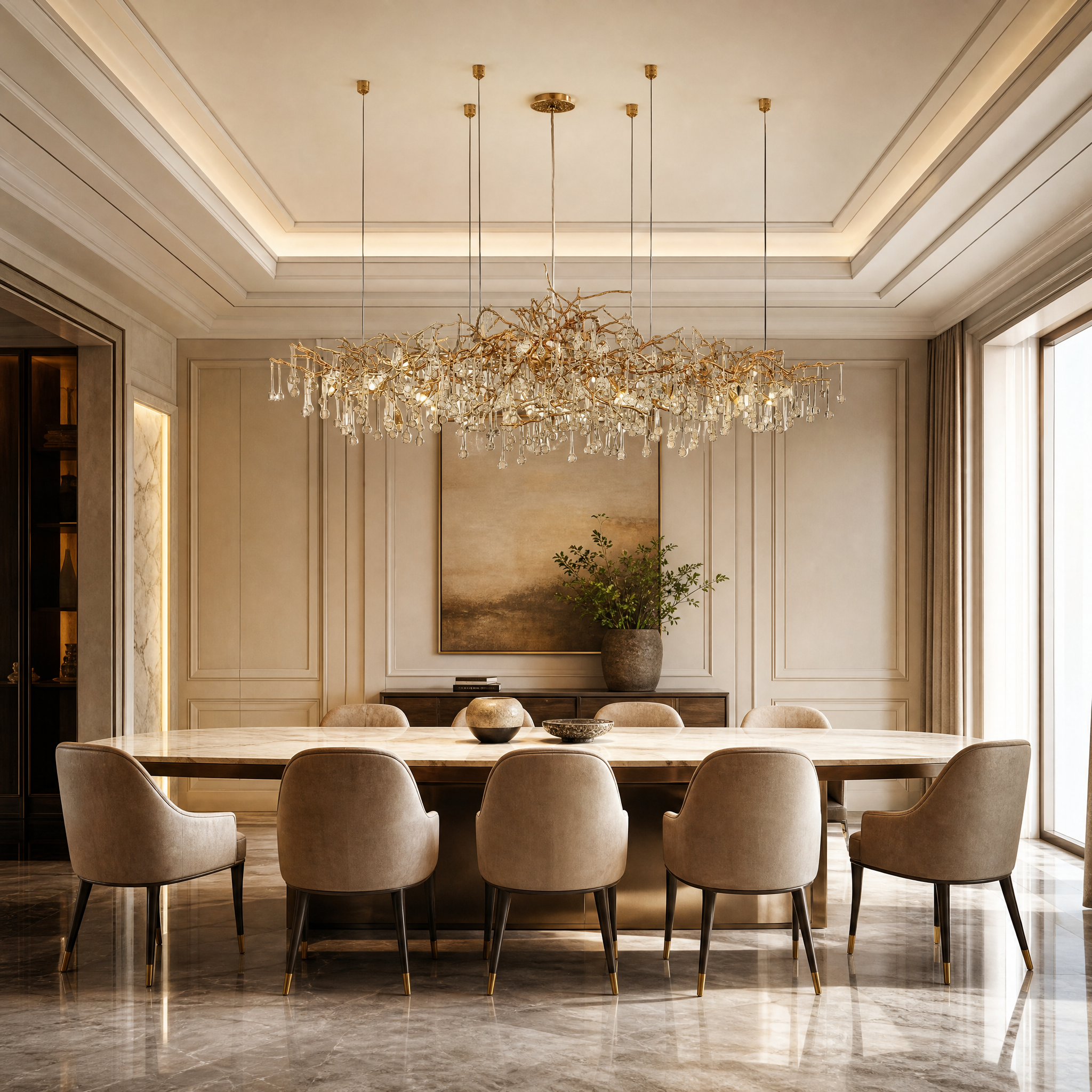 VORELLI L’Albero d’Oro Rectangular Chandelier IV illuminating a luxury residential dining room with organic branching forms and cascading glass droplets.