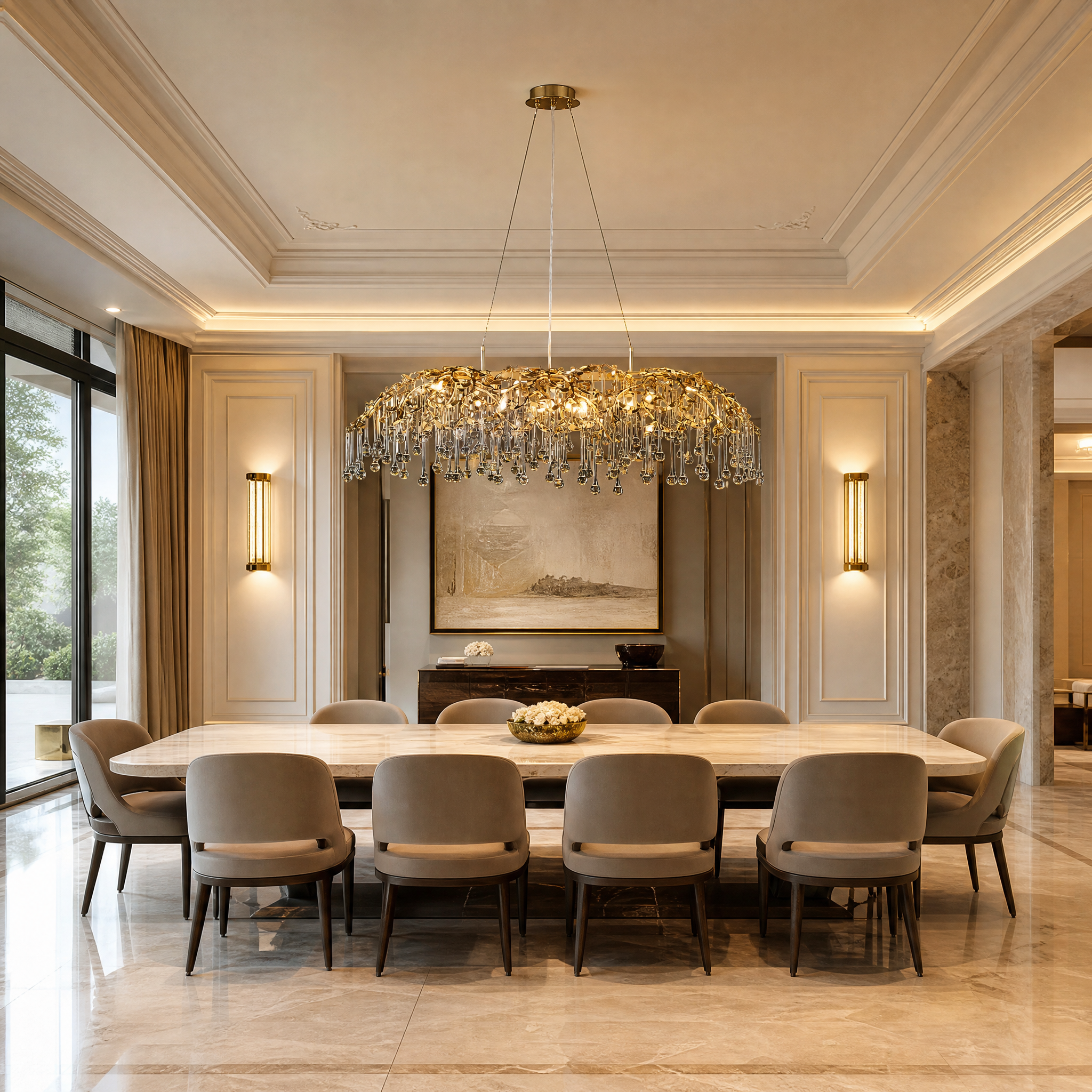 VORELLI L’Albero d’Oro rectangular branch chandelier with cascading crystals illuminating a luxury residential dining room over a long table.