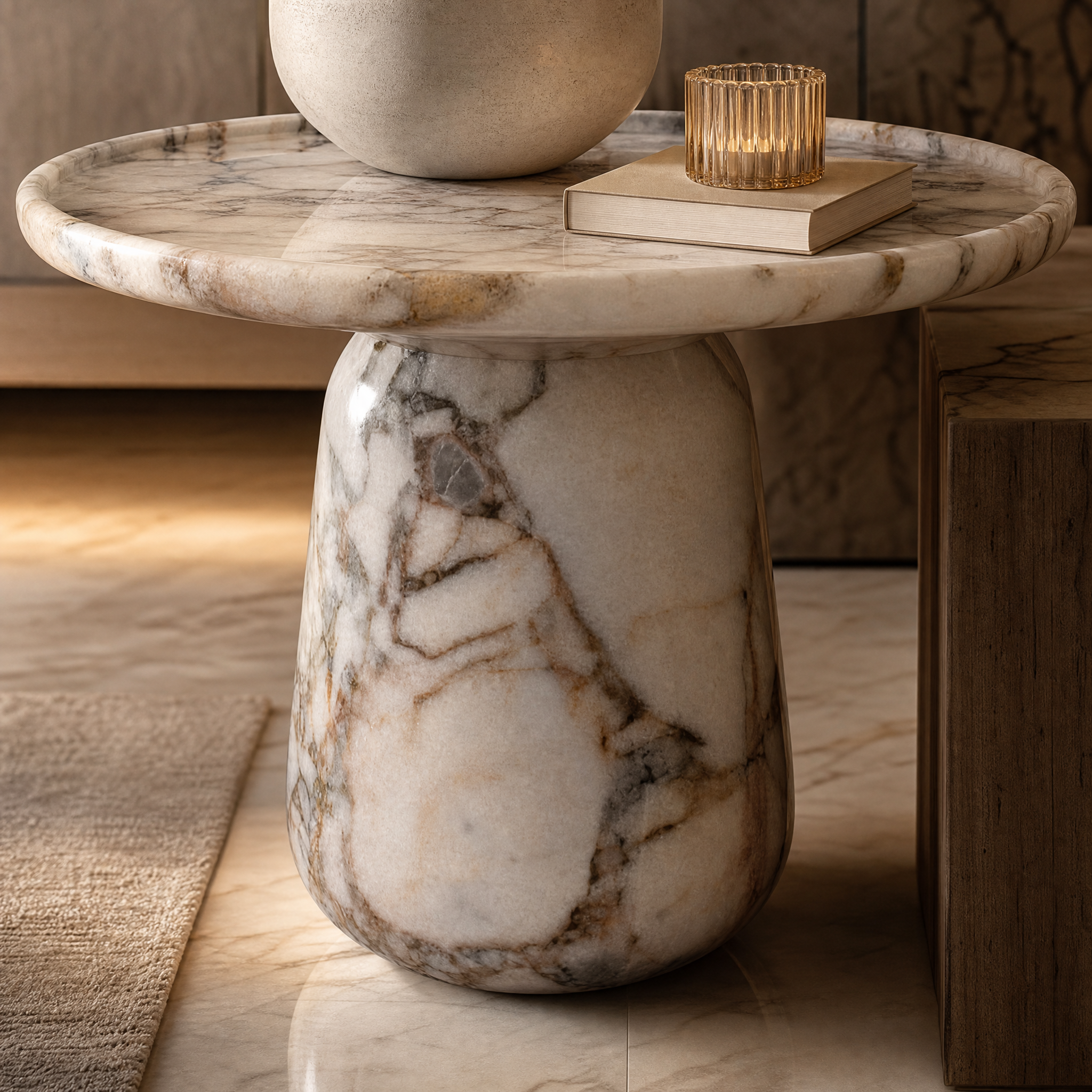 Macro shot of the Larevo side table showcasing the raw texture and premium craftsmanship of the natural white stone.