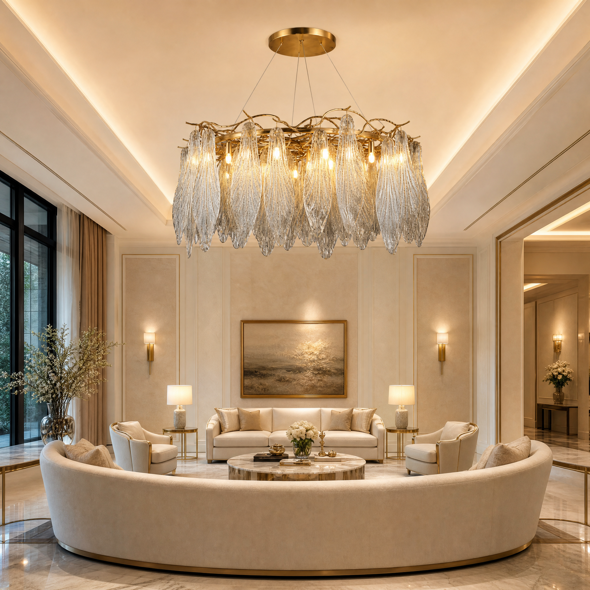 VORELLI Larvotto circular luxury chandelier with sculptural branches and leaf-shaped glass elements illuminating a sophisticated modern residential dining space.