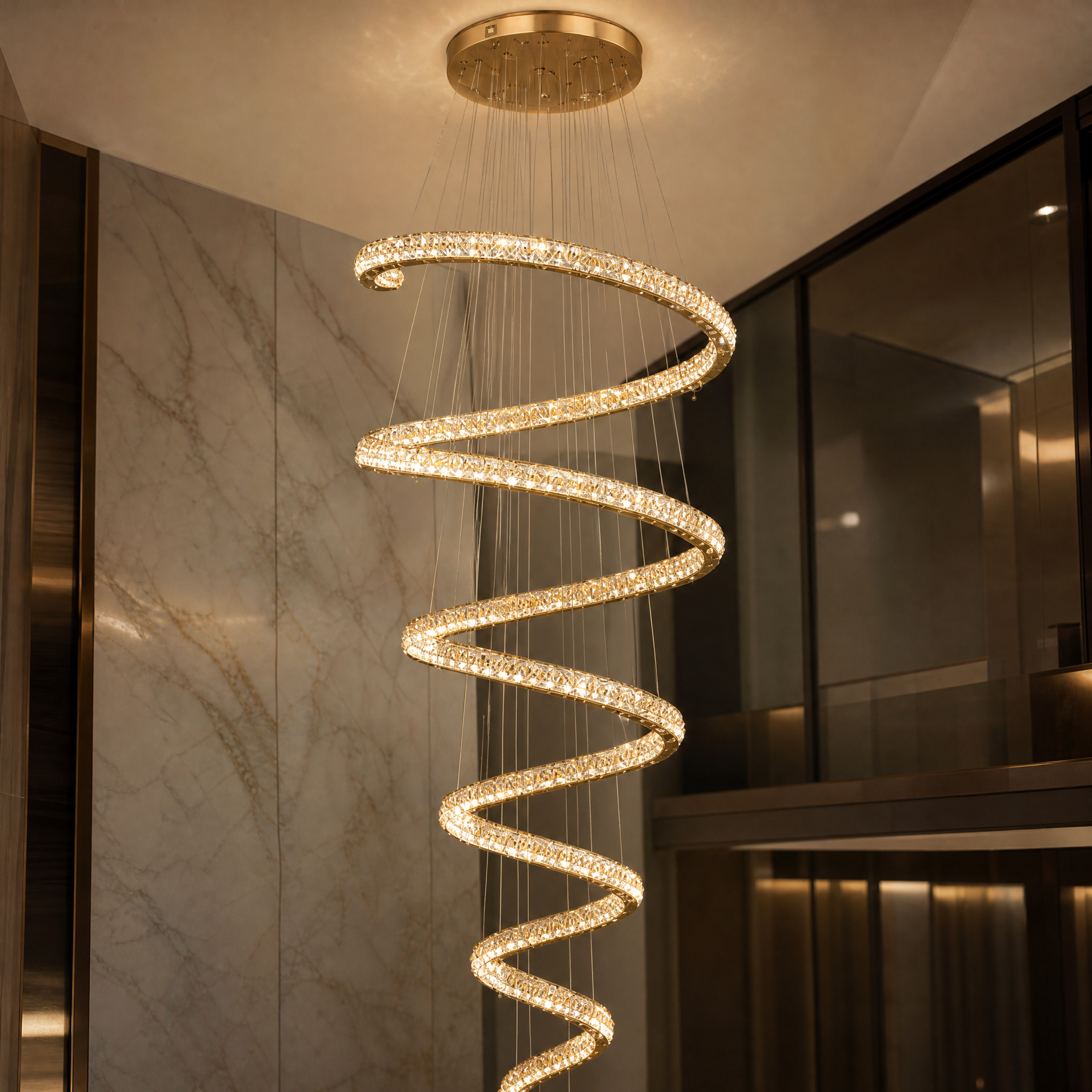 A detailed closeup of the VORELLI Lawrie chandelier highlighting the intricate geometric patterns and light refraction of the diamond-cut crystal rectangles.