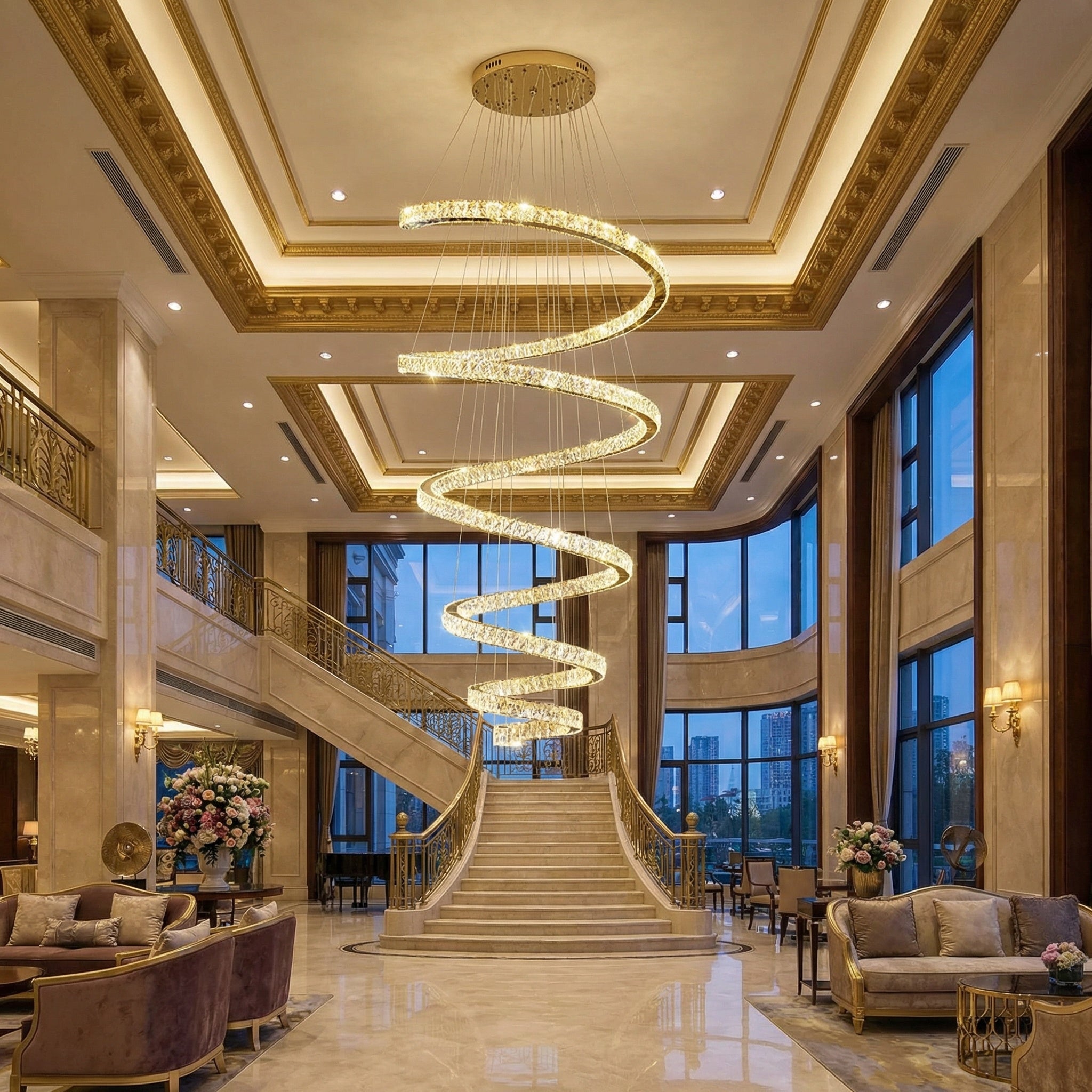 VORELLI® Lawrie spiral staircase chandelier with cascading illuminated rings in a grand double-height luxury interior