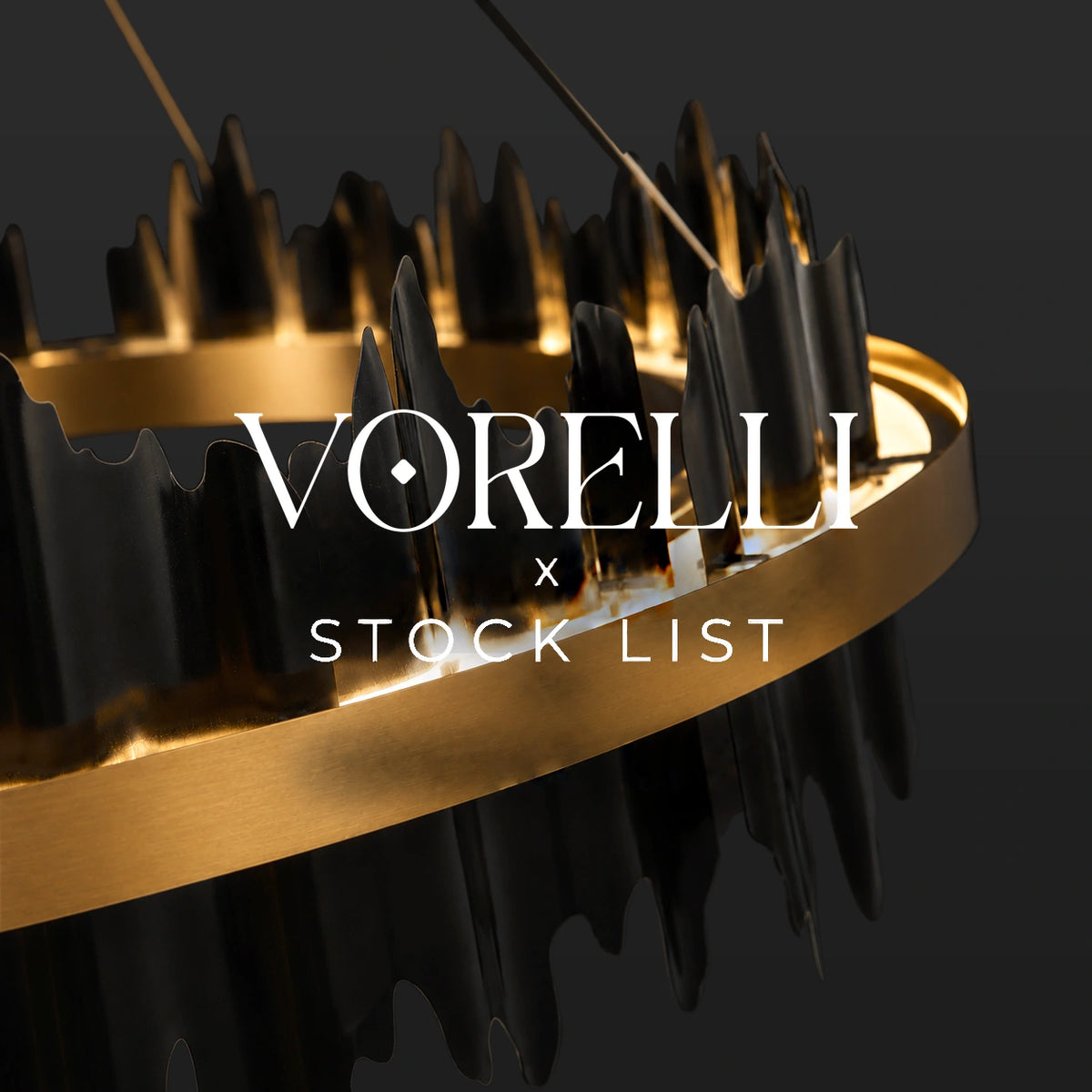 VORELLI® lighting stock list — circular chandelier in black and gold tones.