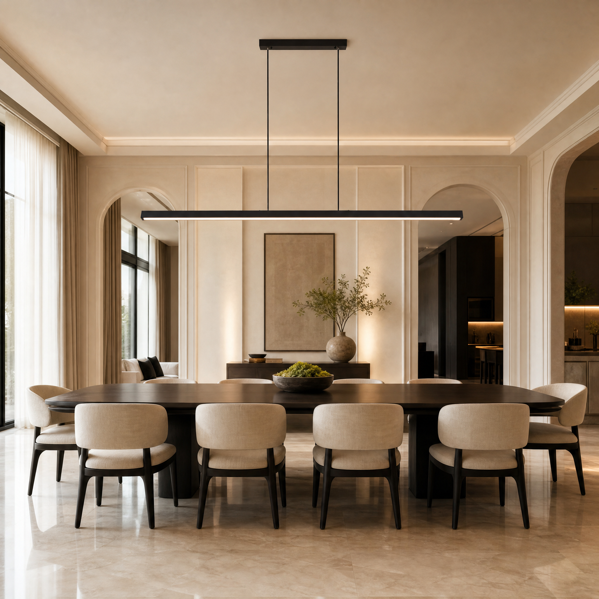 VORELLI Linear Rectangular Chandelier providing soft downward illumination over a luxury modern kitchen island in a residential home.