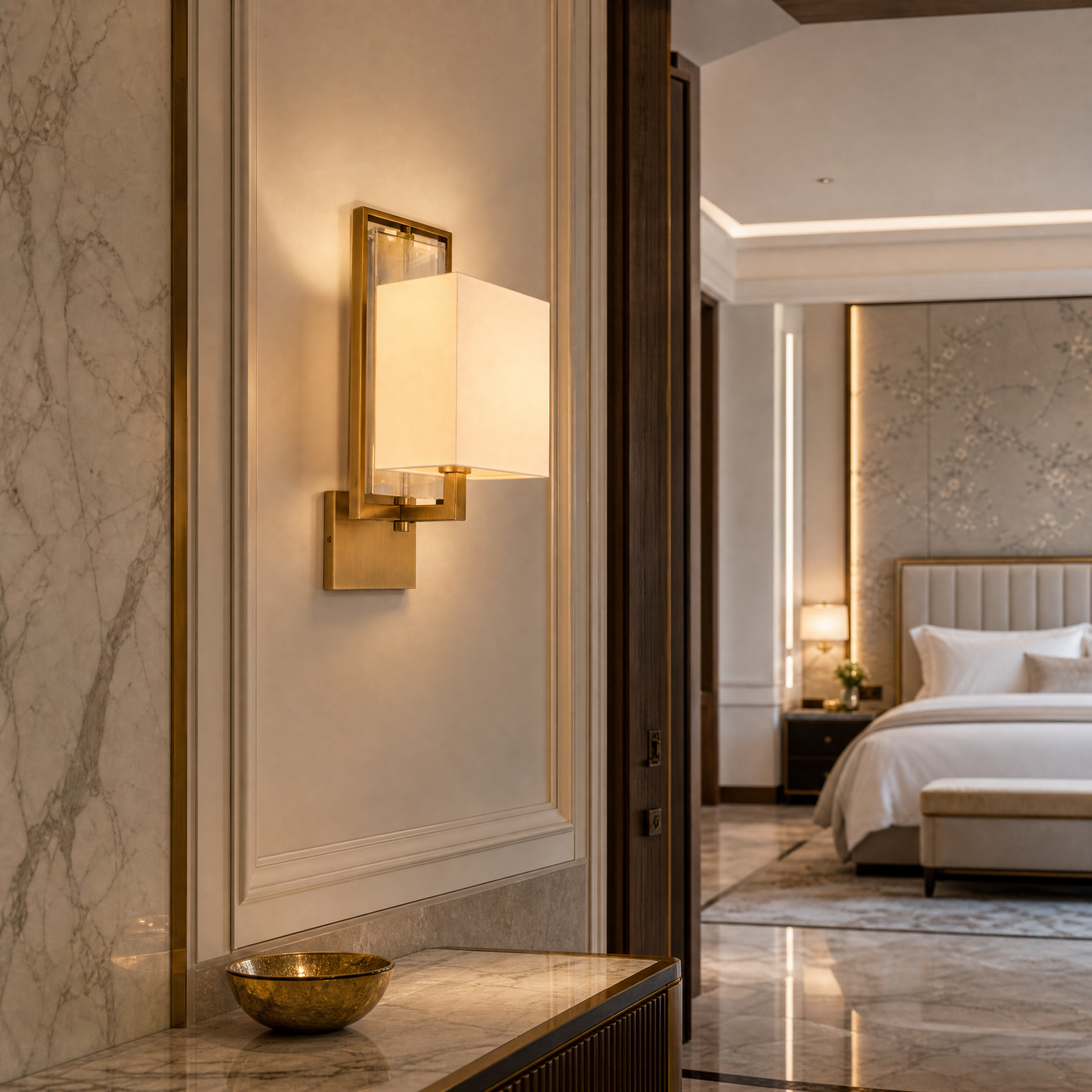 Elegant VORELLI Lioren brass wall lights casting a warm ambient glow along a sophisticated upscale hotel corridor.
