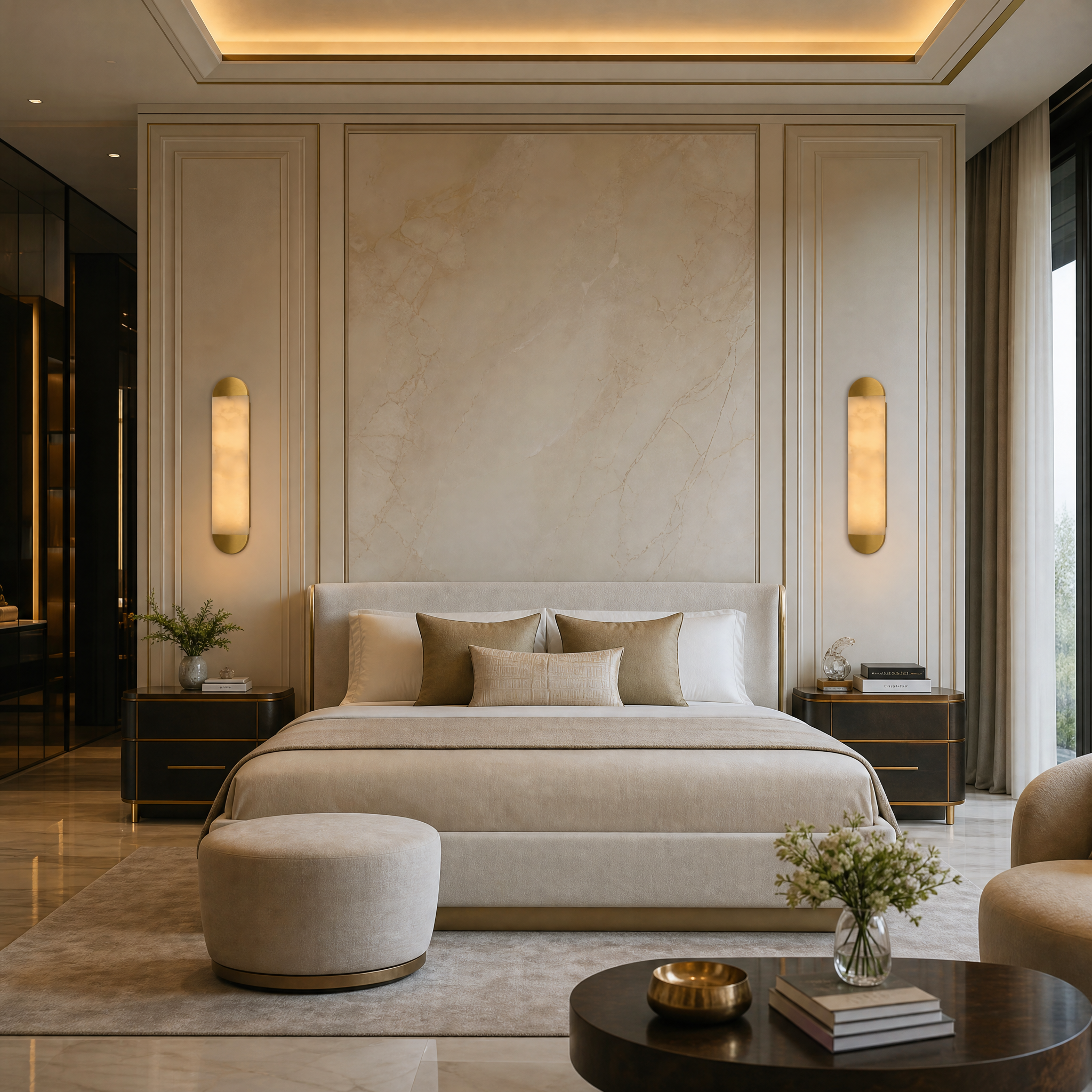 VORELLI Lira marble wall light casting a soft, warm glow on a contemporary residential living room wall, enhancing the upscale interior design.