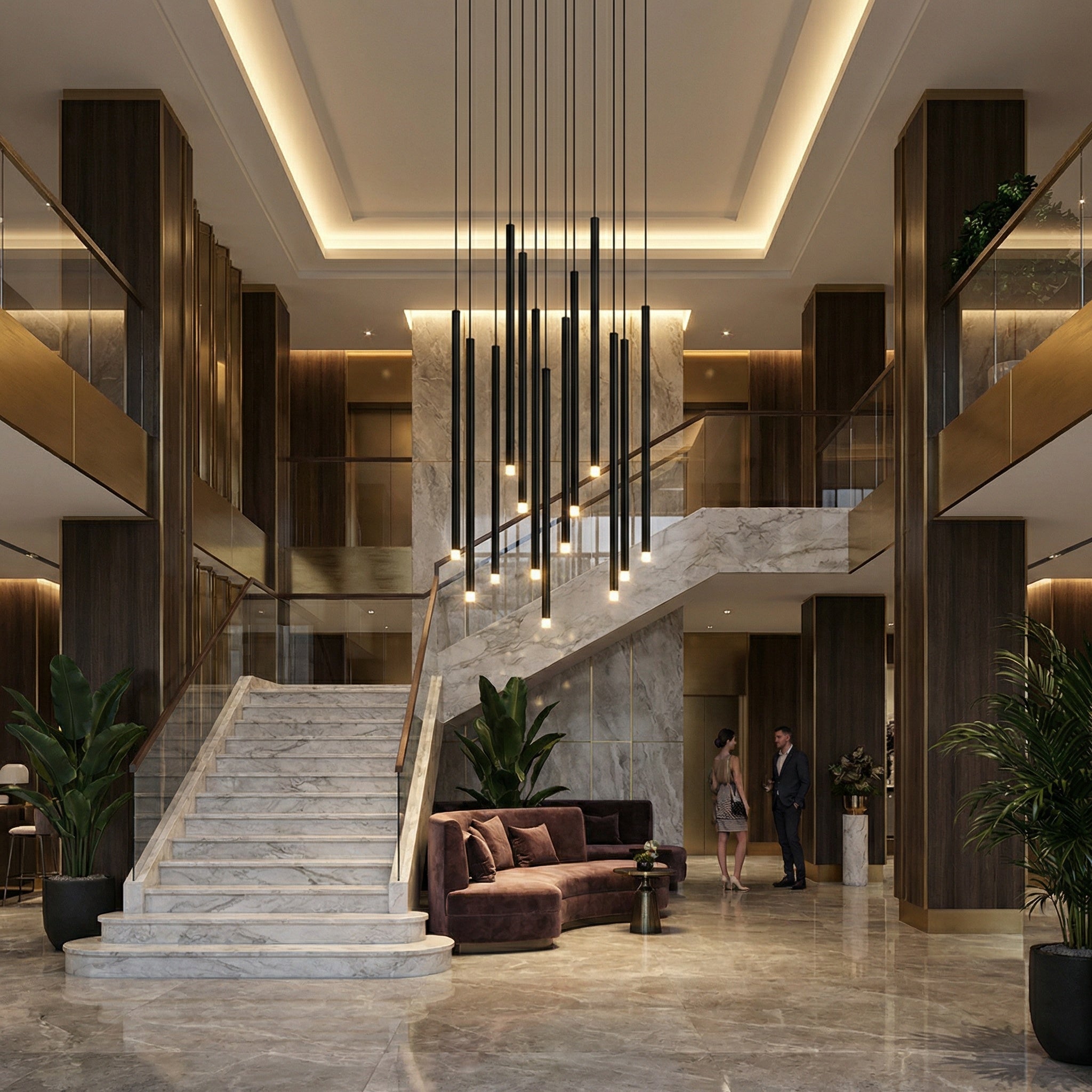 VORELLI® Liscio pendant staircase chandelier with suspended linear lights in a contemporary double-height luxury interior