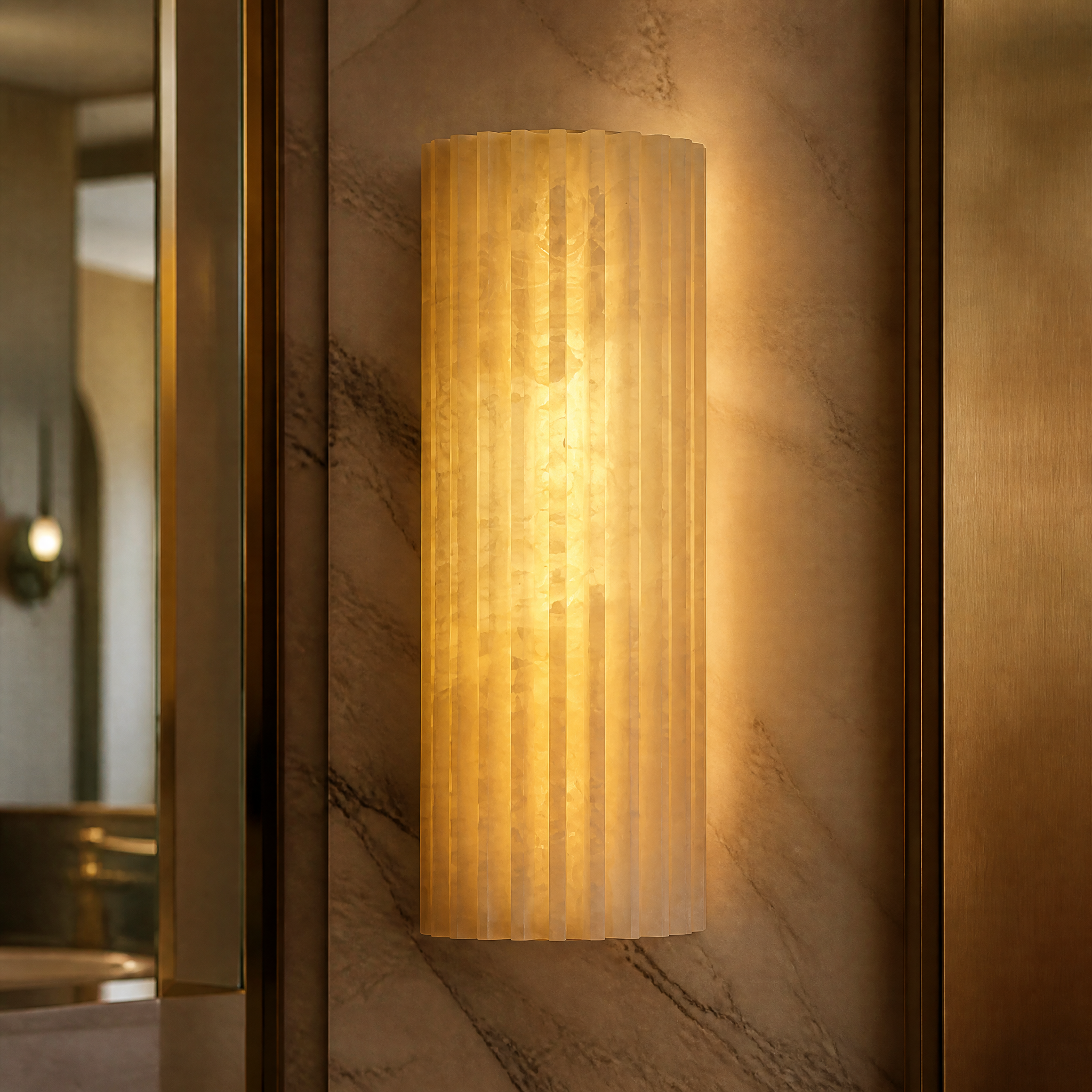 Macro close-up showing the premium texture and craftsmanship of the fluted marble on the Lisora wall light by VORELLI.