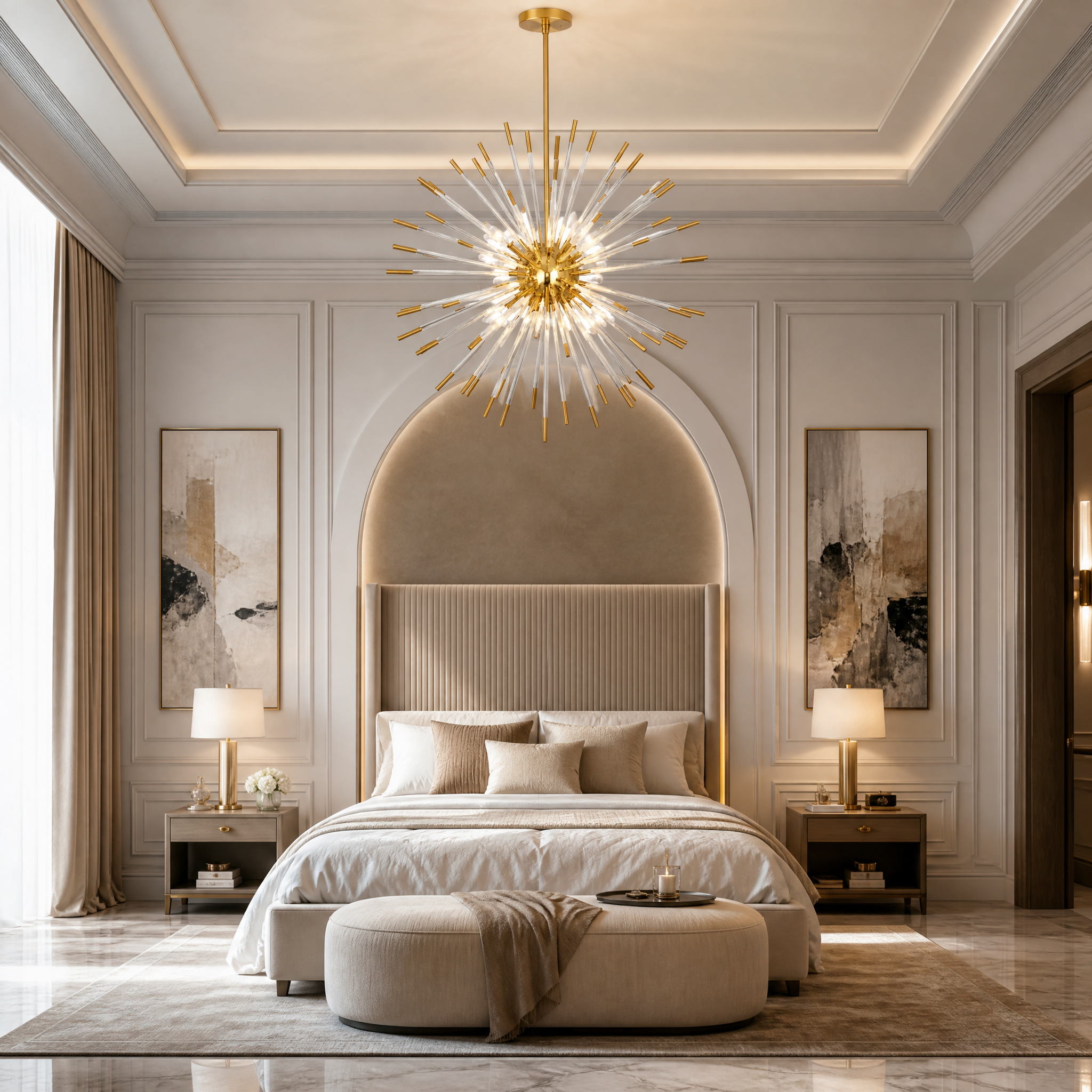 VORELLI Livadia pendant light with a striking spiky sphere shape illuminating a modern, luxury residential living room interior.