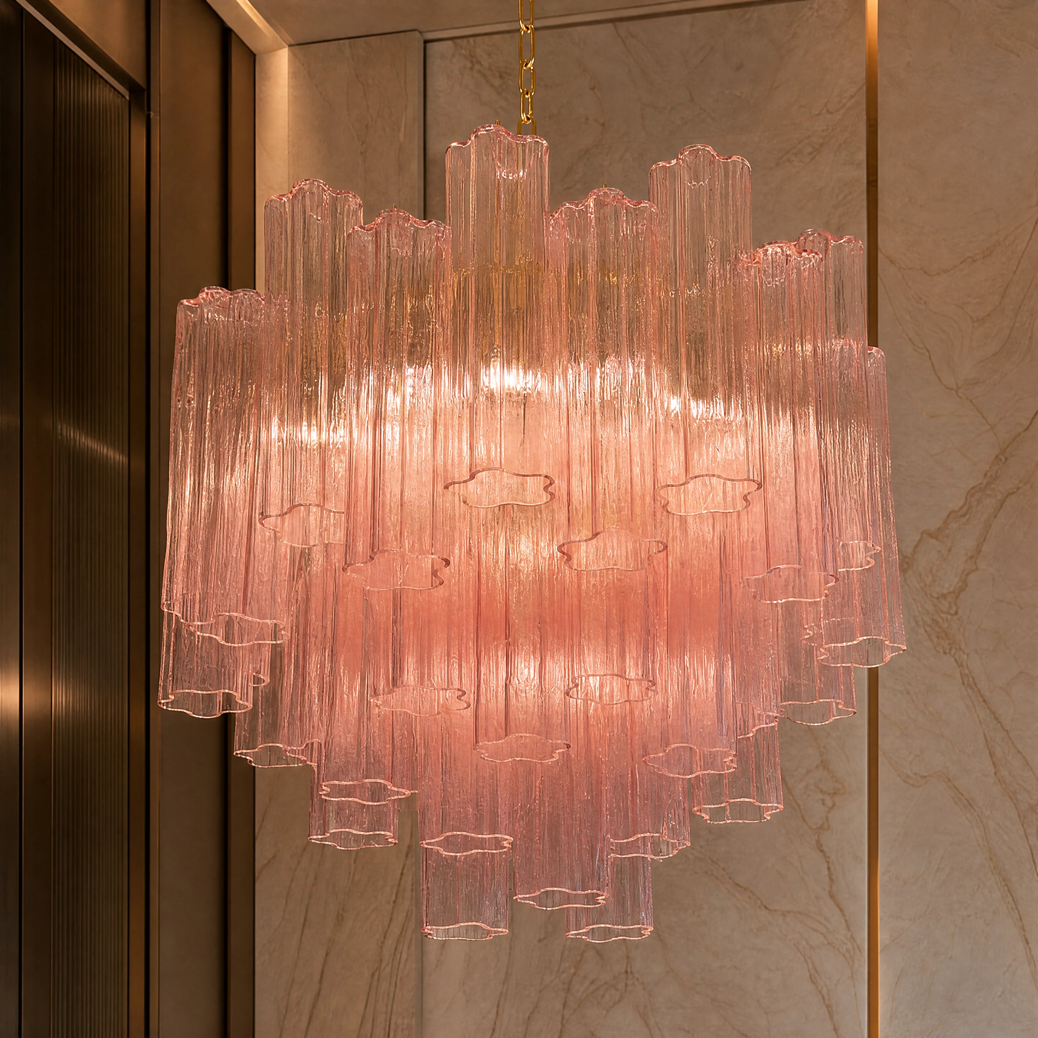 Livia Tronchi Murano Glass Staircase Chandelier close-up luxury lifestyle hero image by VORELLI
