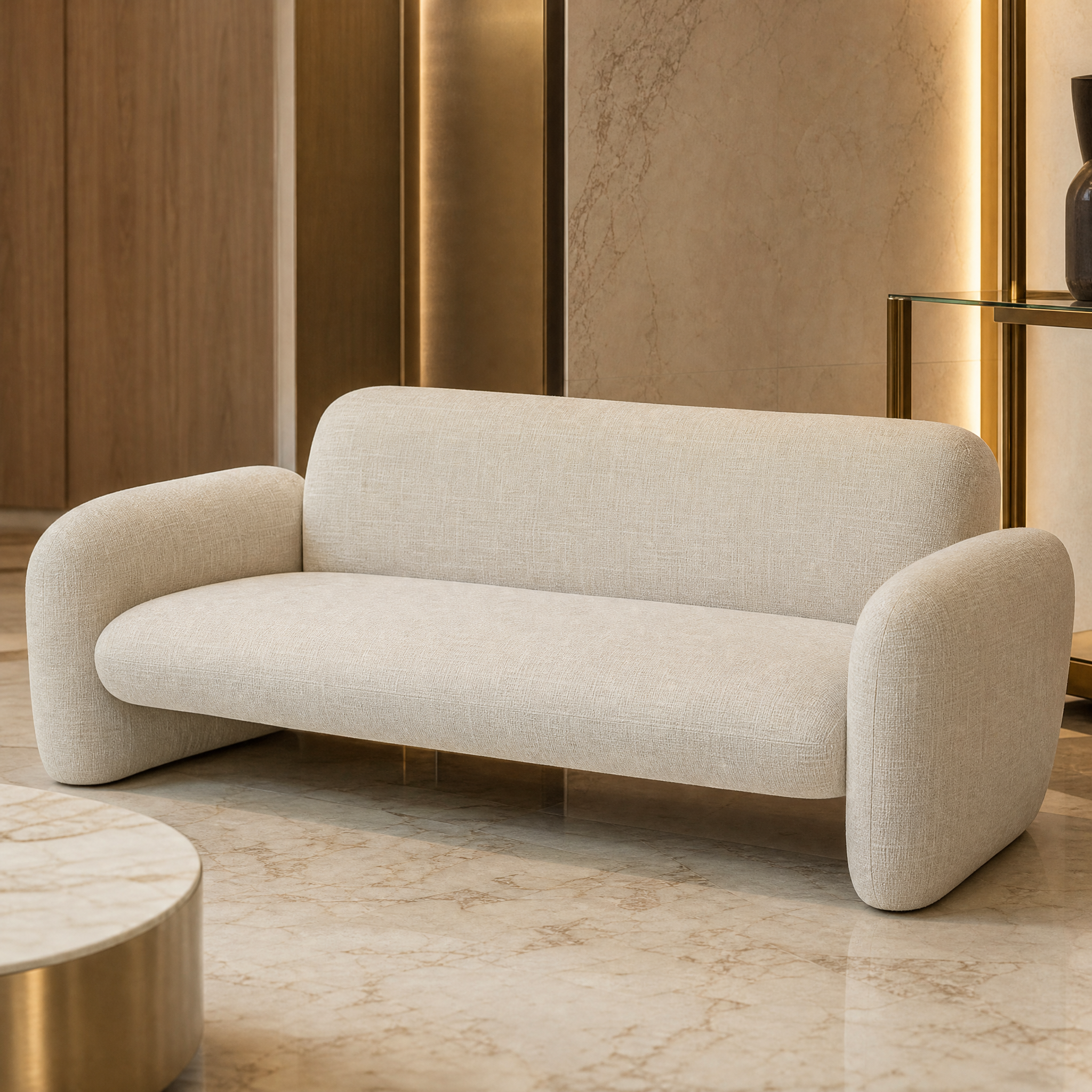 Macro closeup shot showcasing the high-quality soft cream fabric texture and tailored lines of the VORELLI Logano sofa.