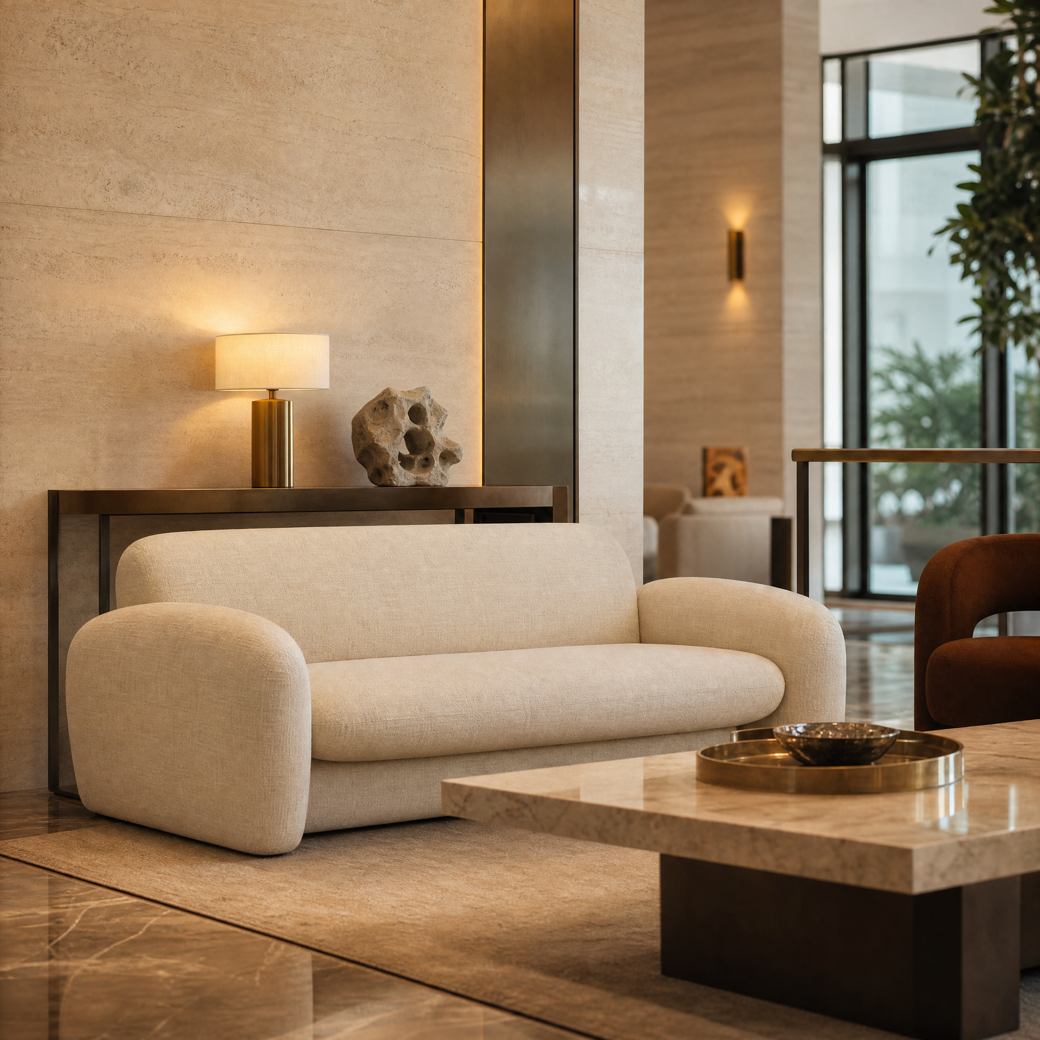 Elegant VORELLI Logano cream upholstered sofa placed in a luxury boutique hotel lobby or hospitality lounge.