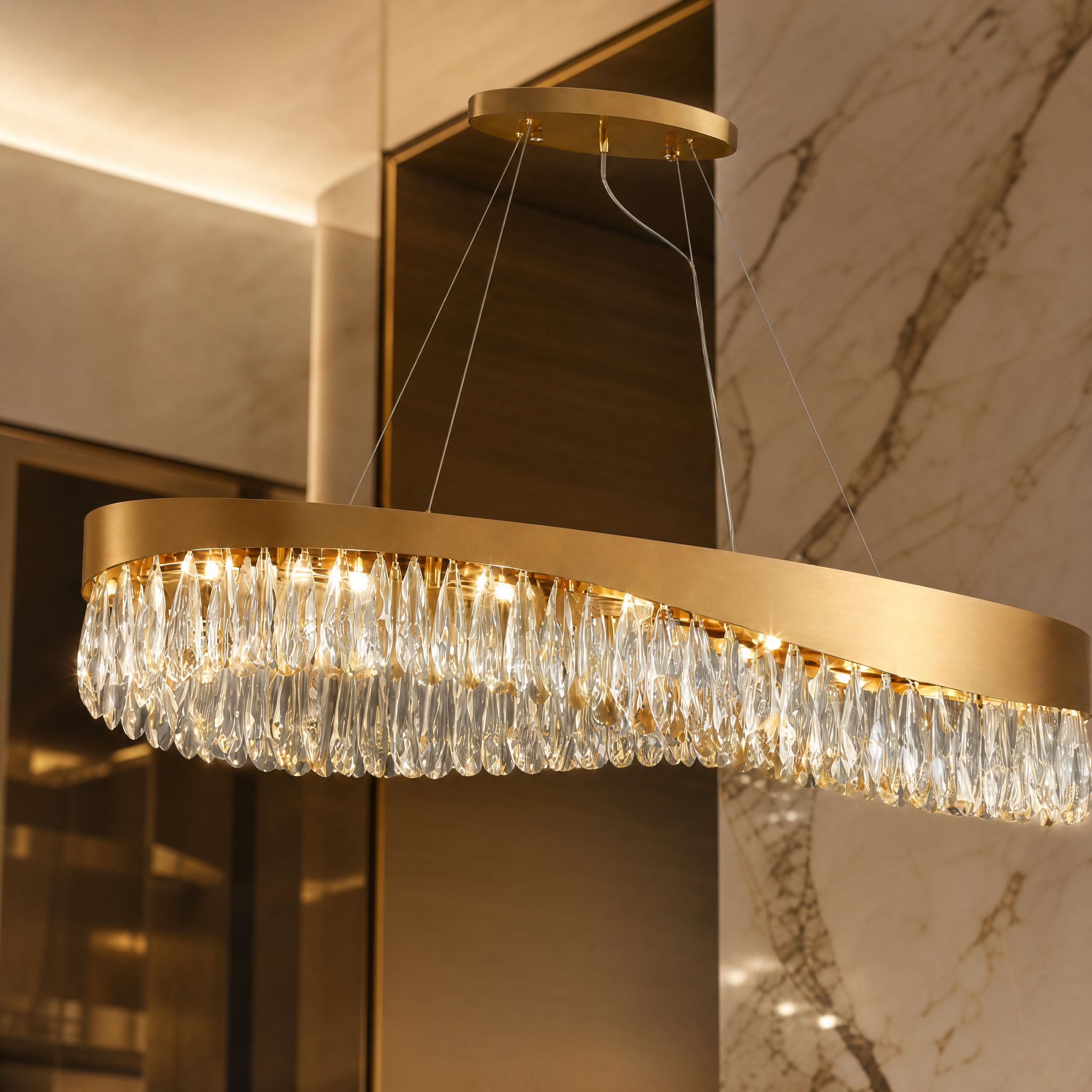 Macro closeup of the premium diamond cut teardrop crystals on the VORELLI Lomazzo rectangular chandelier capturing the light sparkle.