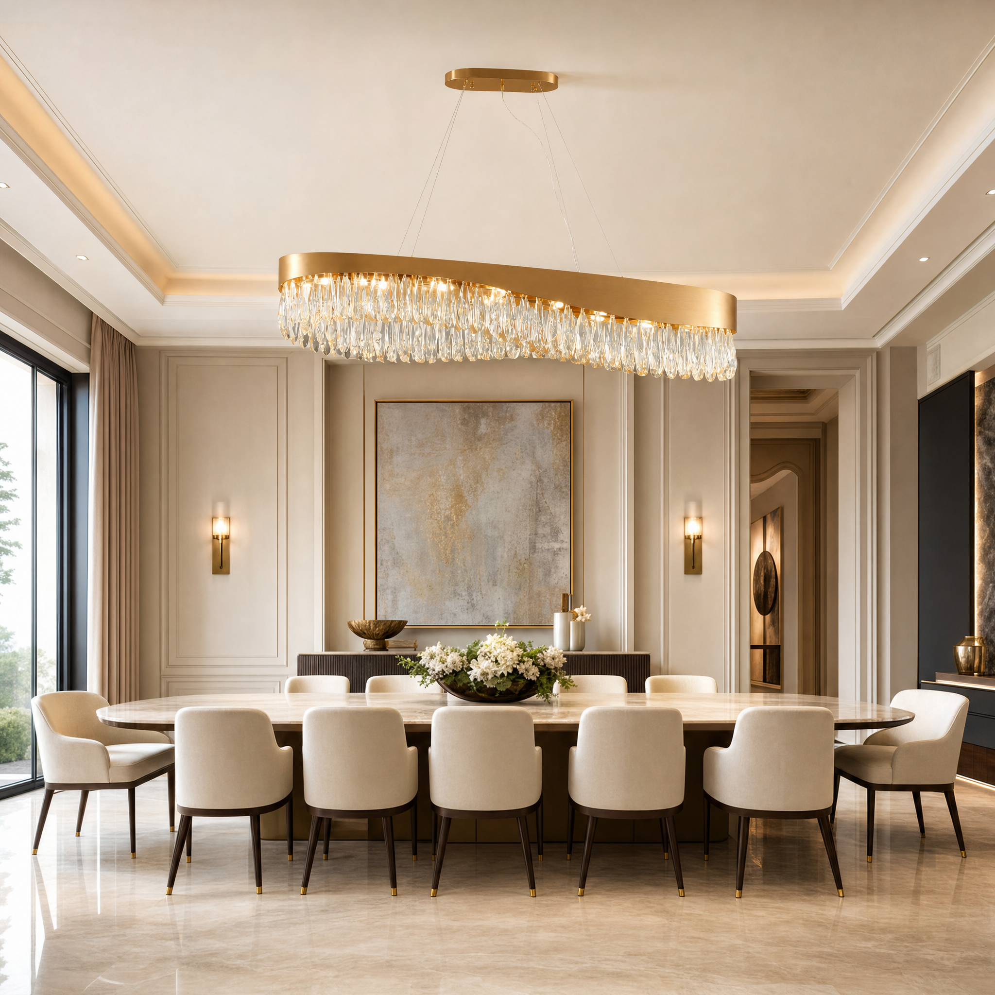 VORELLI Lomazzo rectangular crystal chandelier illuminating a luxury residential dining room over a modern table.
