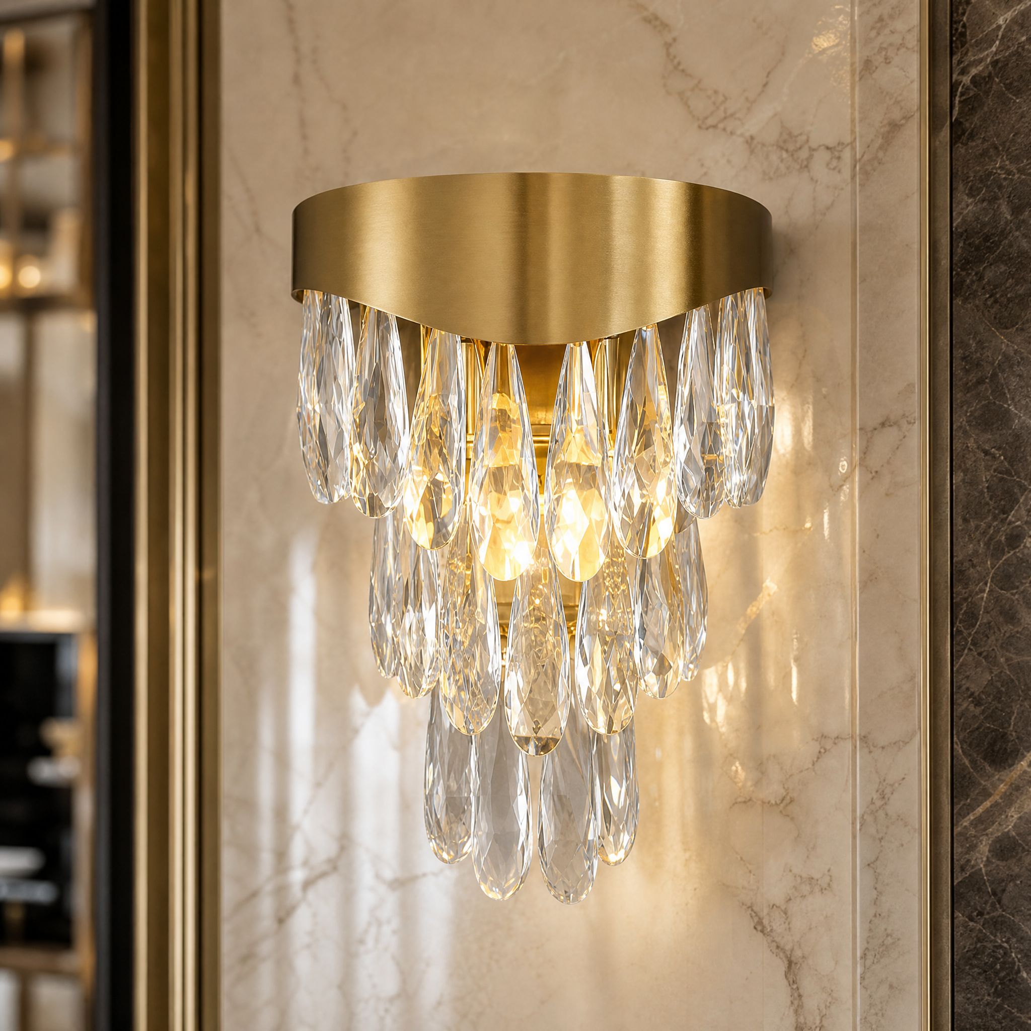 Macro close-up shot of the Lomazzo wall fixture, showcasing the exquisite craftsmanship of the diamond-cut teardrop crystals.