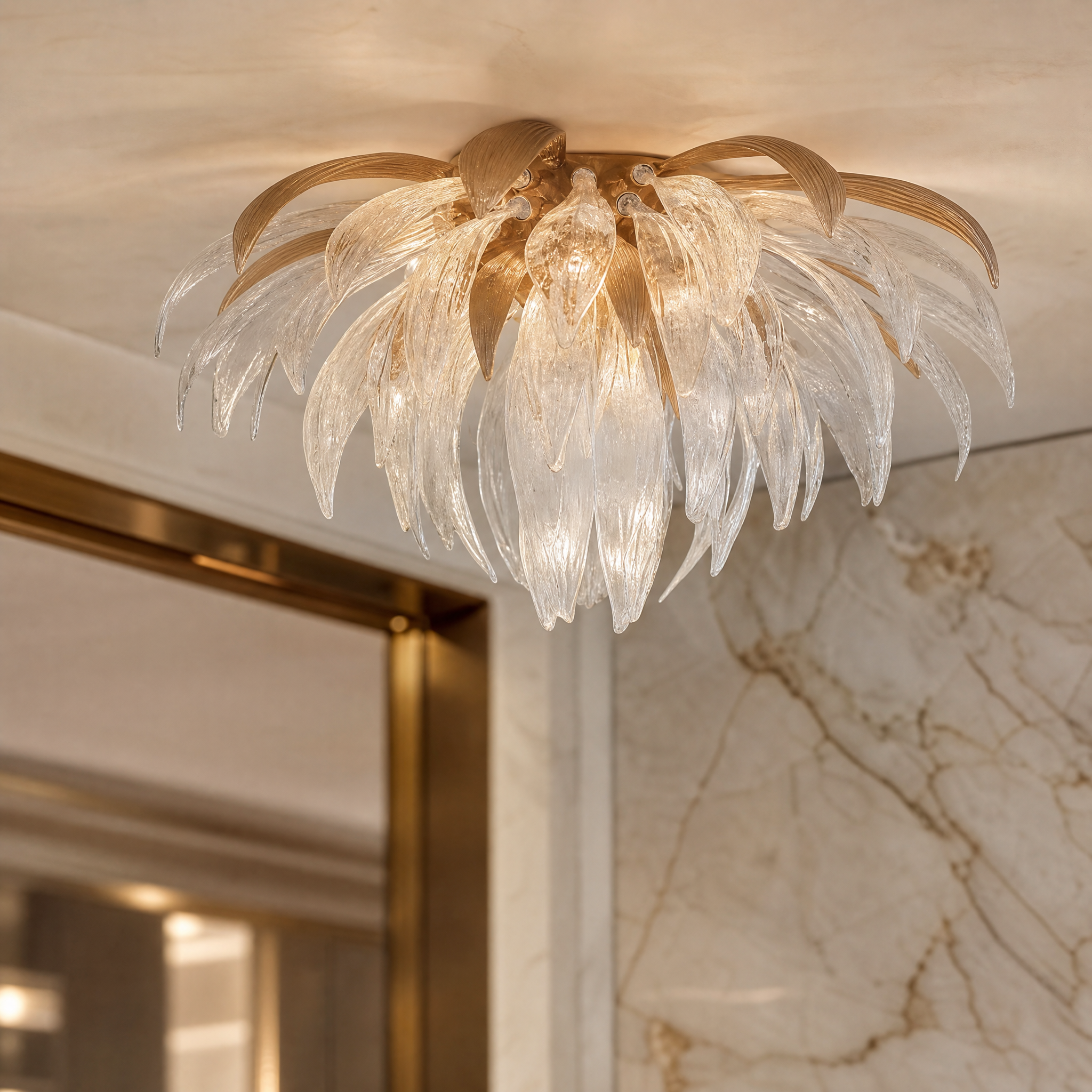 A detailed closeup of the VORELLI Luciana ceiling light, highlighting the exquisite texture and layered composition of the hand-shaped glass petals.