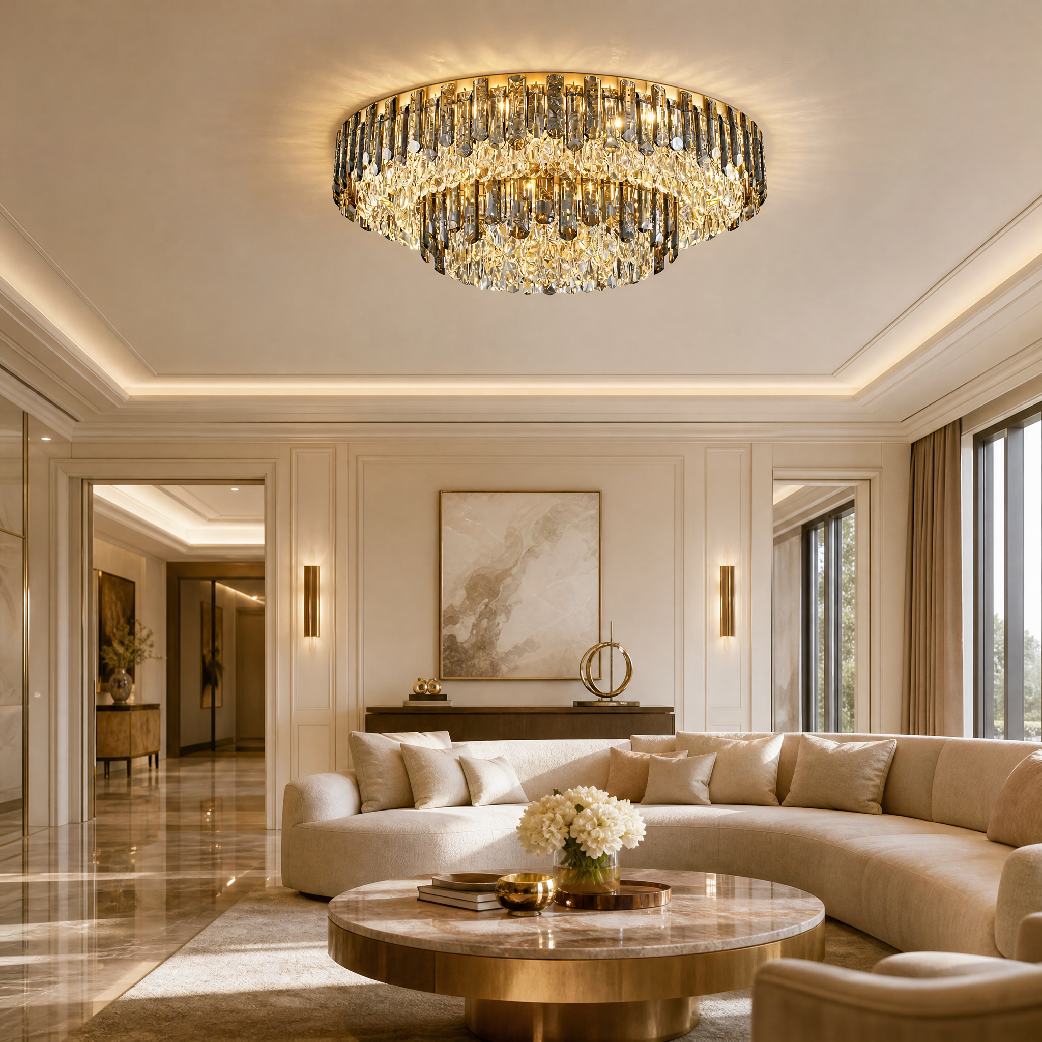 VORELLI Lugano double ceiling light illuminating a luxury modern residential living room, showcasing its layered crystal design and sophisticated ambiance.