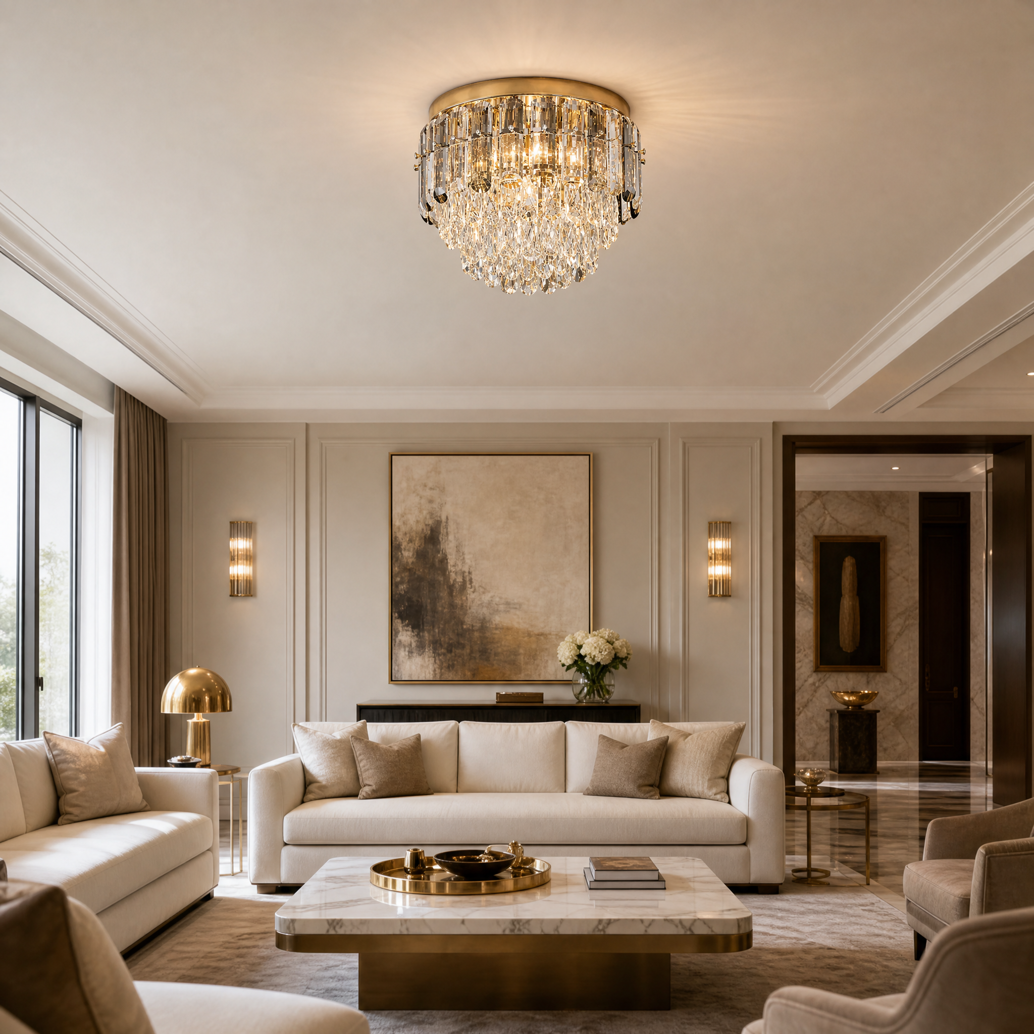 The VORELLI Lugano Ceiling Light II illuminating a luxurious, modern residential living room with a warm, radiant glow.