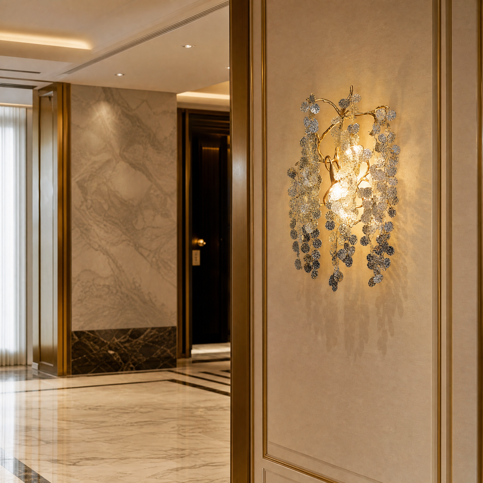 An elegant hospitality hallway illuminated by multiple VORELLI Lunaria designer wall sconces, highlighting the organic elegance of the sculptural branches.
