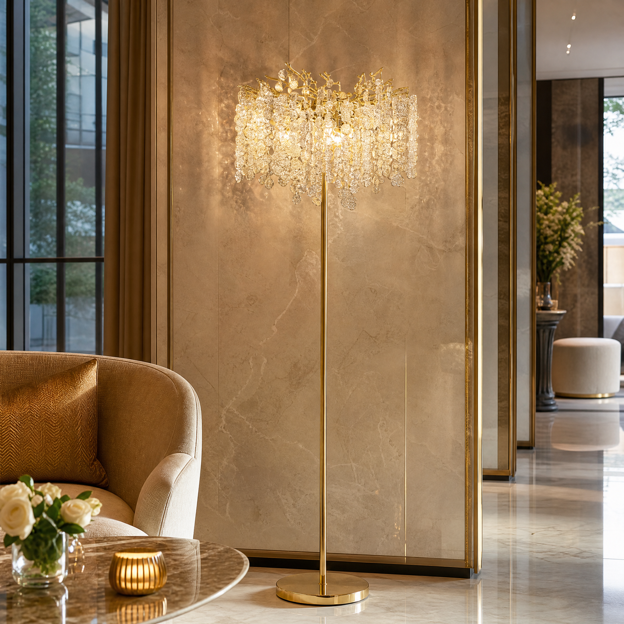 An upscale hospitality setting featuring the VORELLI Lunaria Floor Lamp II, adding architectural presence and understated elegance to a hotel lounge.
