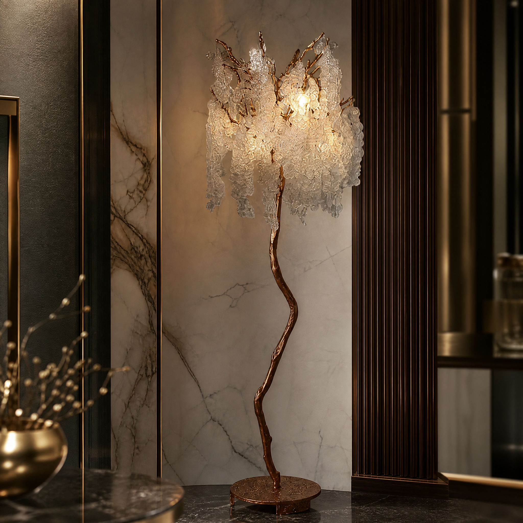 A detailed closeup of the VORELLI Lunaria floor lamp showcasing the intricate texture of the cascading glass discs arranged along its elegant branch-like structure.