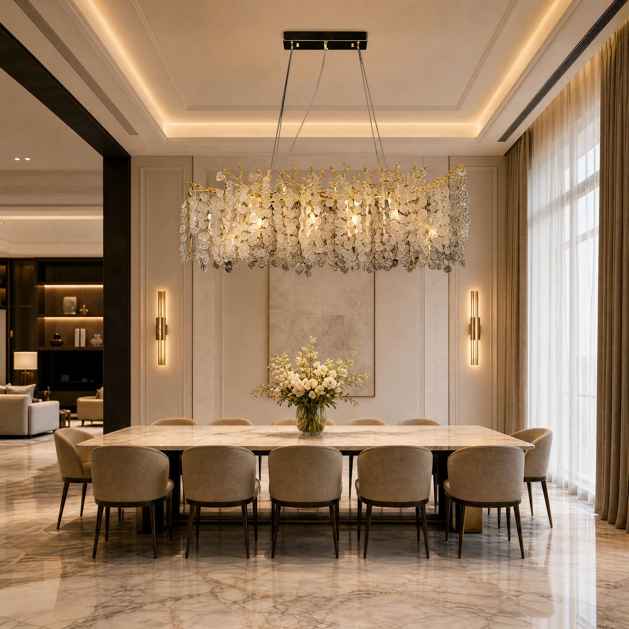 VORELLI Lunaria rectangular chandelier with cascading textured glass discs hanging above an elegant modern dining table in a luxury residential home.