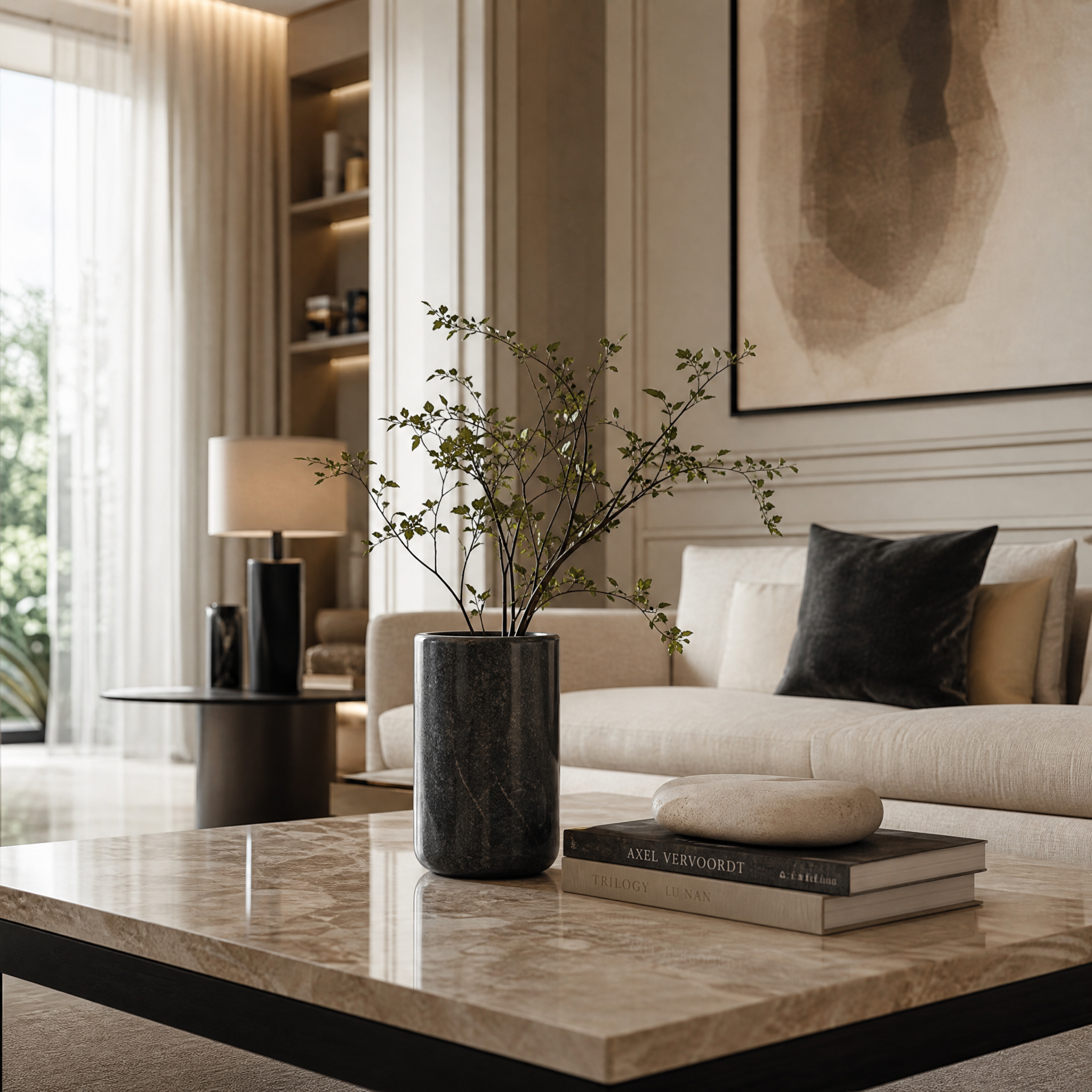 VORELLI Lunetta black marble vase styled on a contemporary living room coffee table with subtle floral arrangements, highlighting its minimalist profile in a luxury residential setting.
