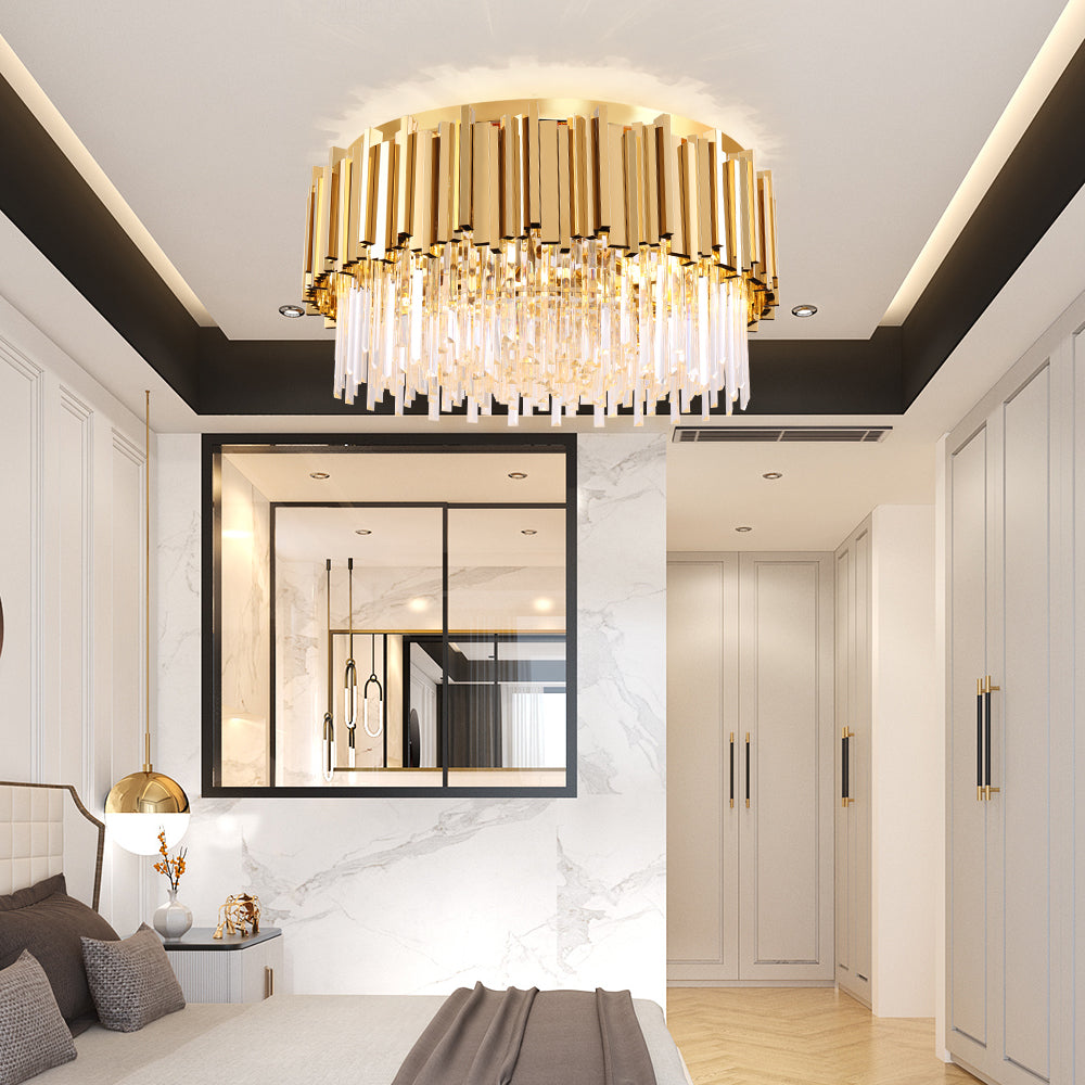 Luxury gold crystal ceiling light by VORELLI® installed in an elegant bedroom interior, creating warm ambient lighting for high-end residential and hospitality spaces.