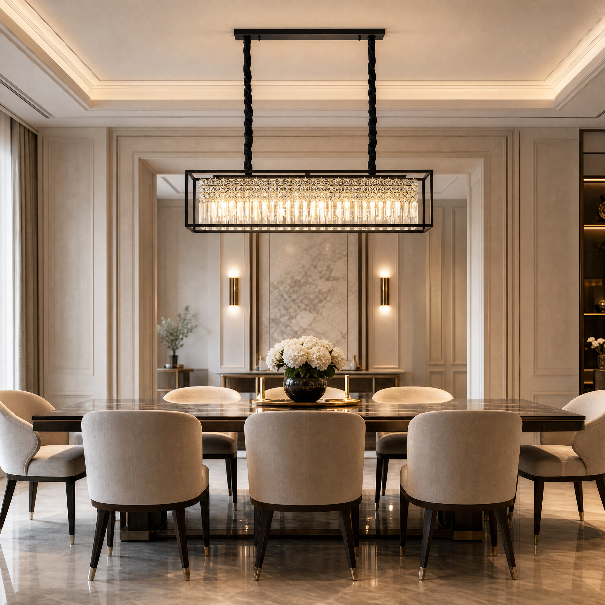 VORELLI Maddison Rectangular Chandelier installed over a modern dining room table, illuminating the residential space with a sophisticated linear glow.
