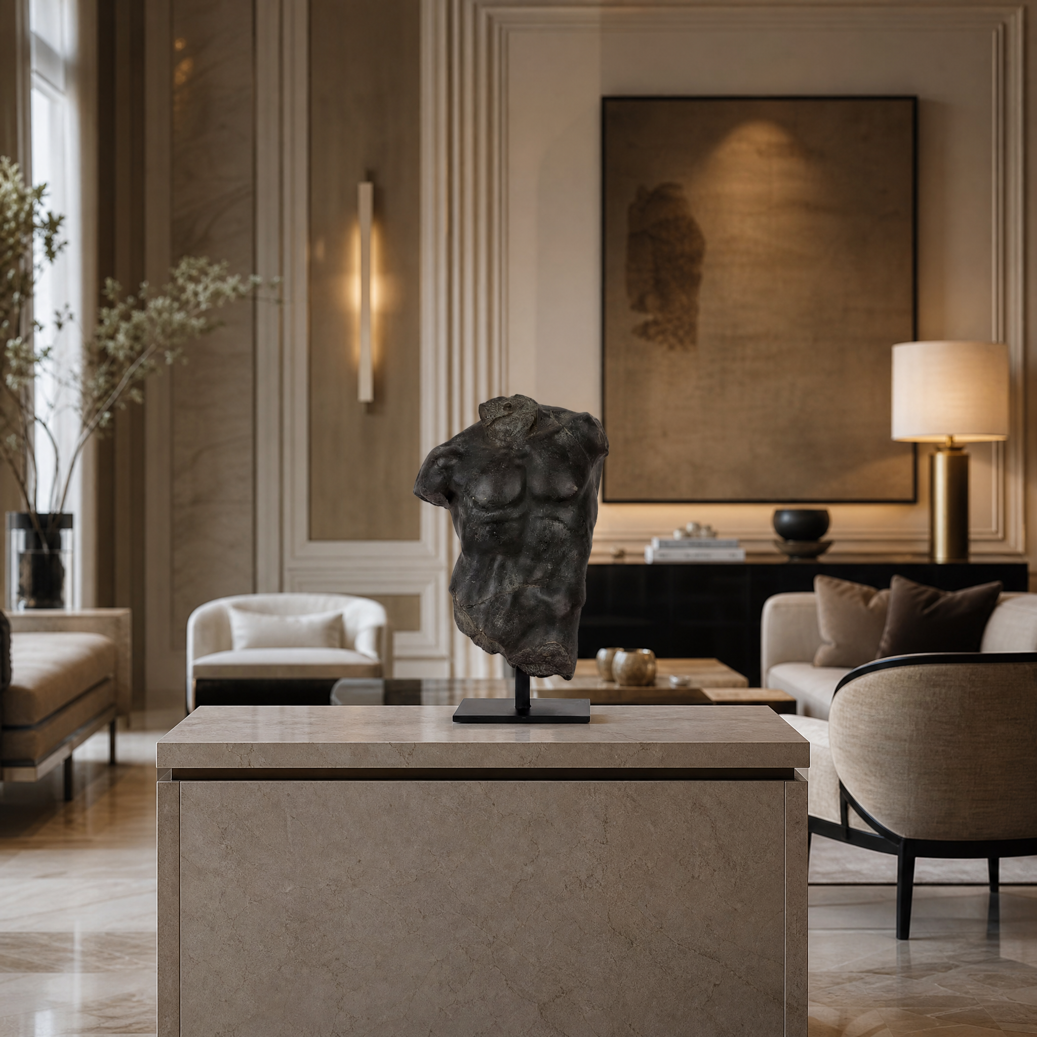 VORELLI Magnano small male torso sculpture in antique bronze finish styled on a contemporary residential living room console table.