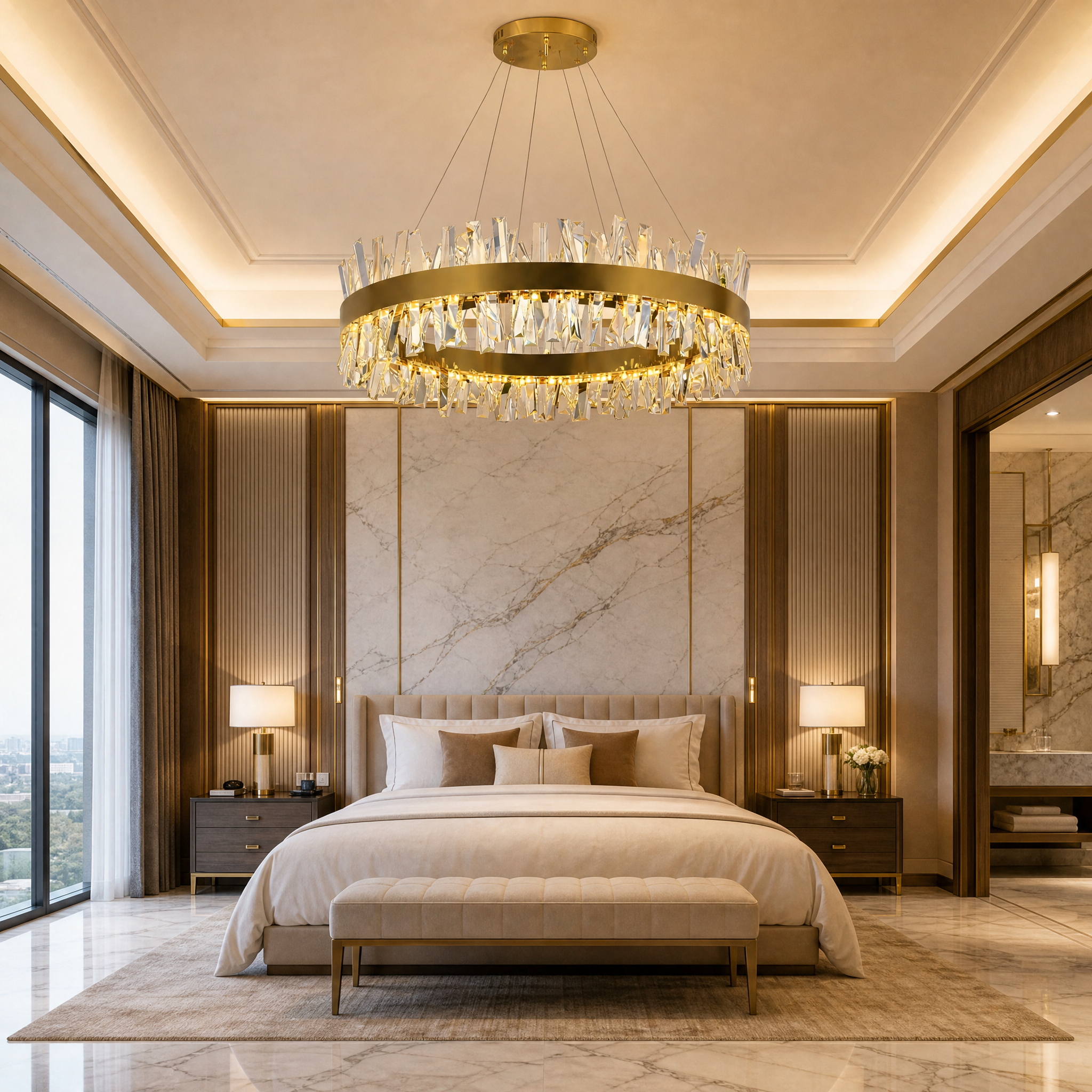 Contemporary VORELLI Malahide Crystal Chandelier illuminating an upscale hotel lobby reception area.