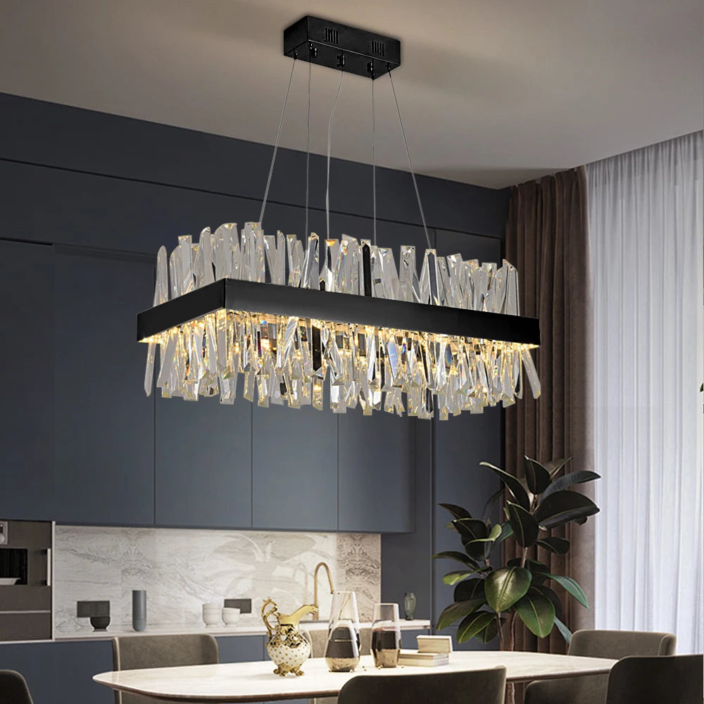 VORELLI Malahide rectangular chandelier with angled crystal bars forming a modern linear luxury ceiling light