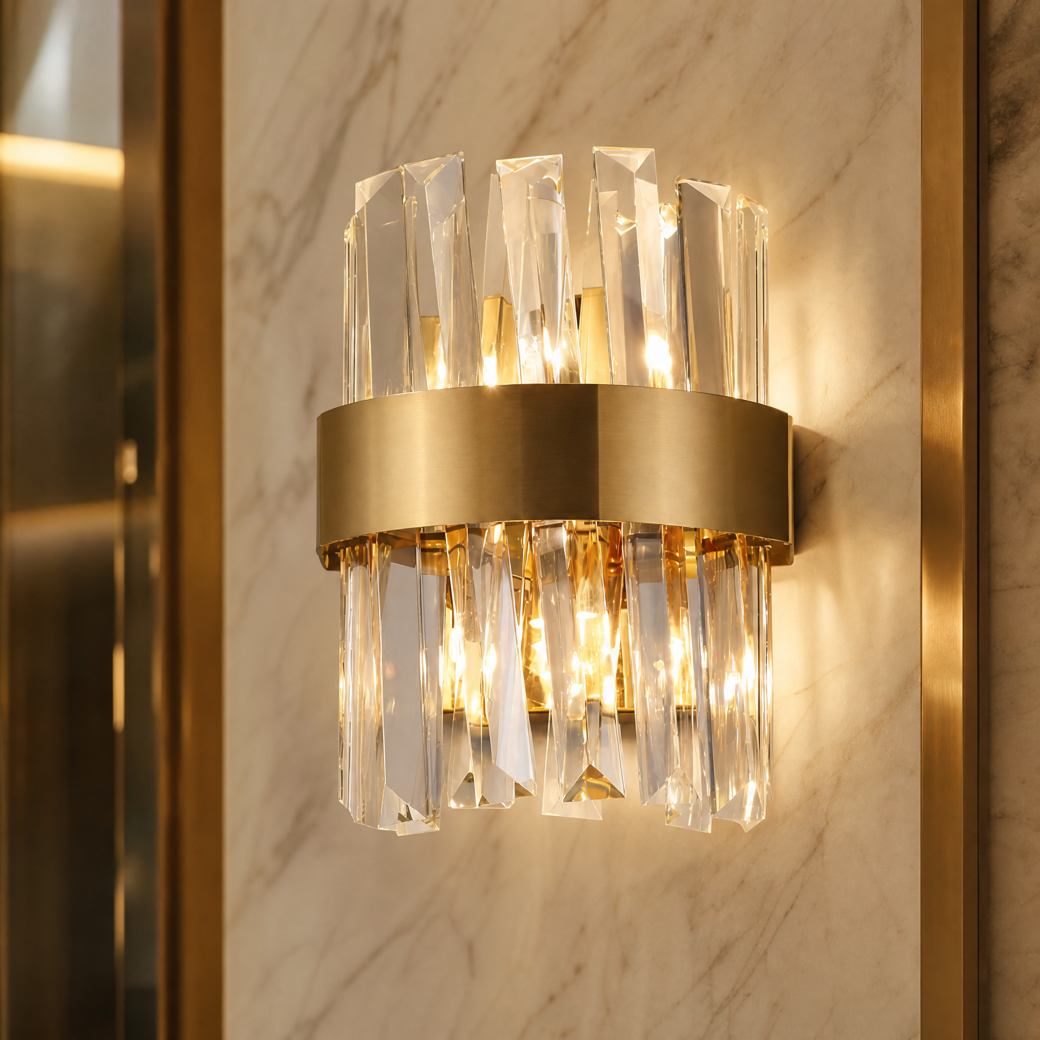 Macro closeup of the VORELLI Malahide wall light featuring uniquely angled crystal bars reflecting light.