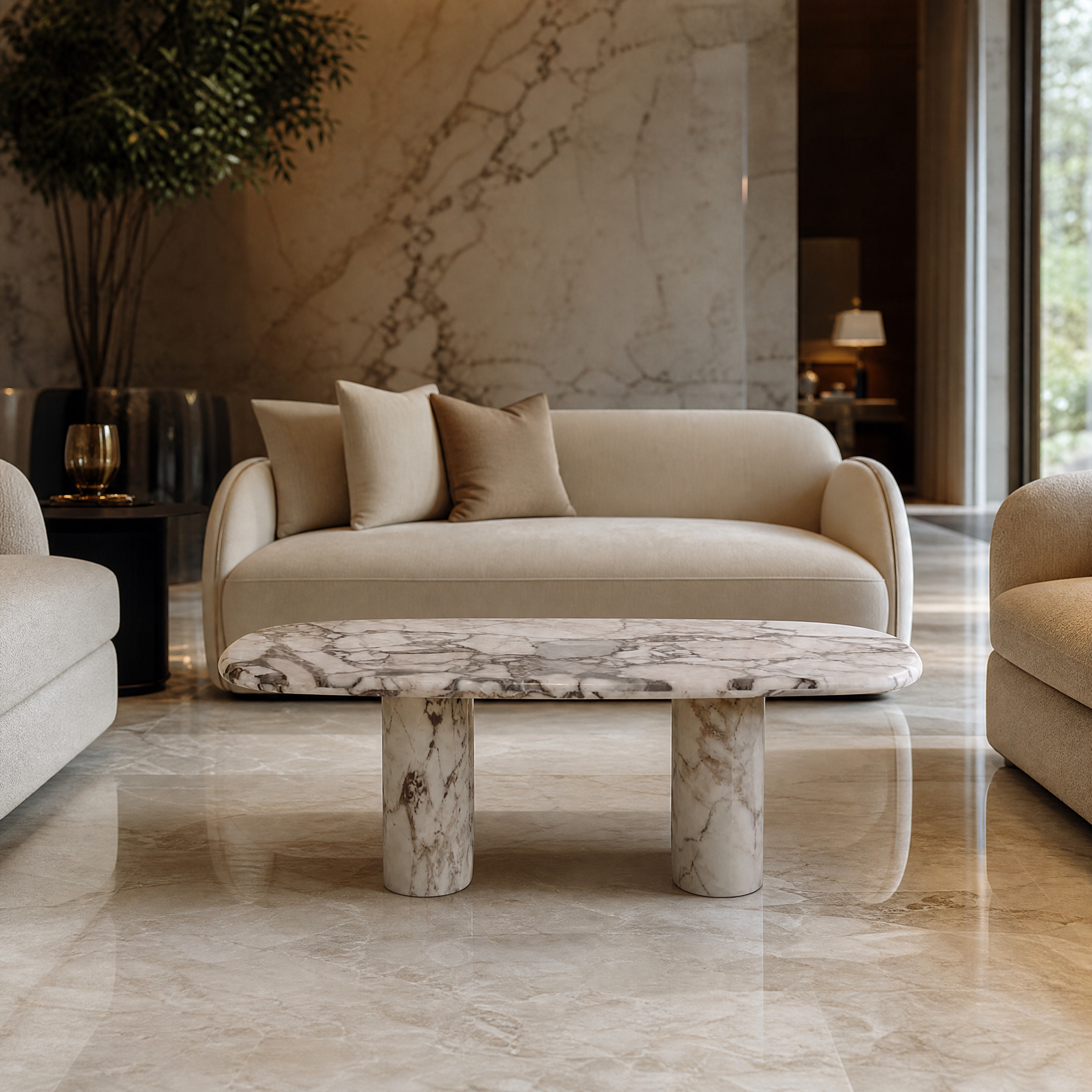 Large-scale VORELLI Malibino marble coffee table showcasing organic material character in an upscale hospitality lounge or hotel lobby.