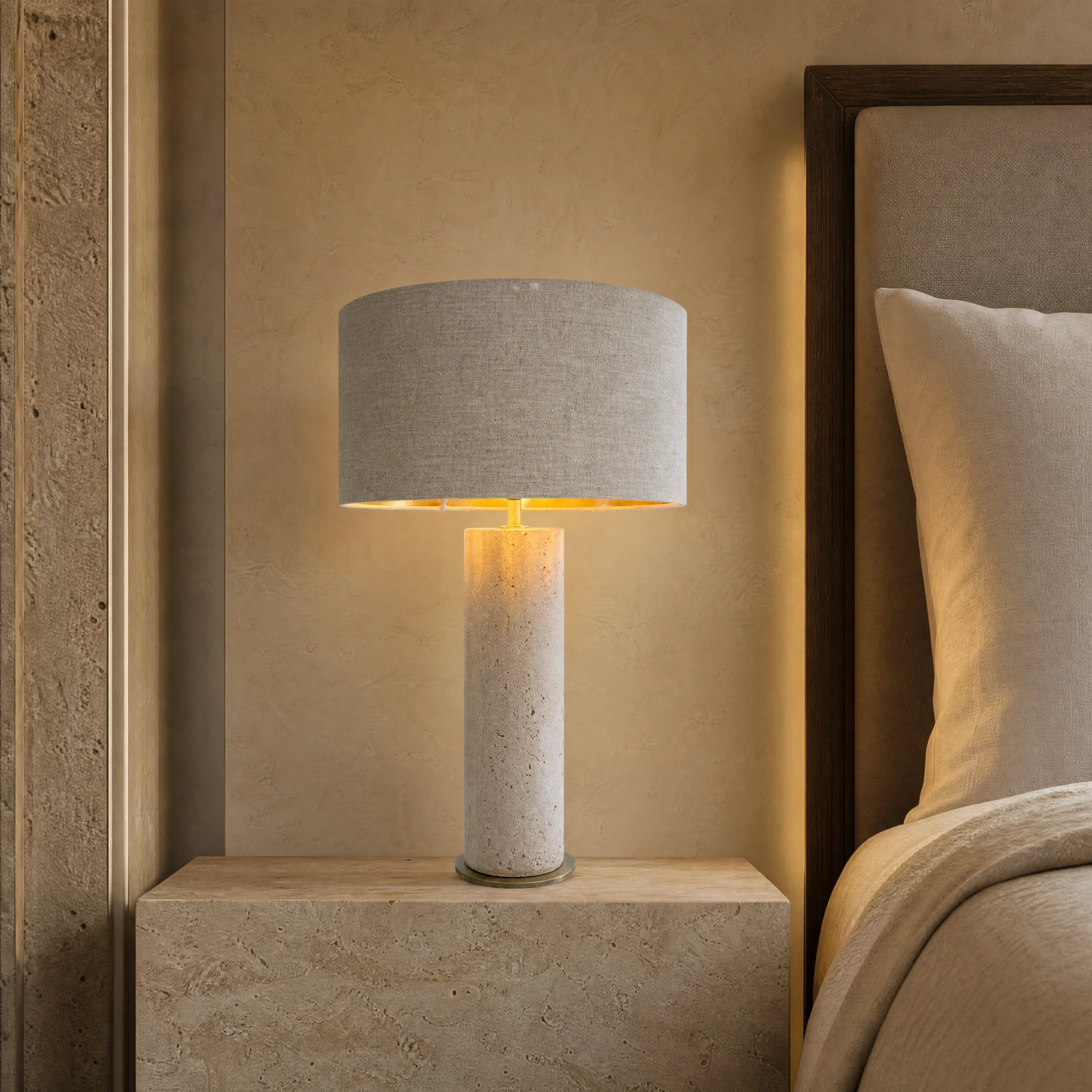 Maltera Travertine Vintage Brass Table Lamp close-up luxury lifestyle hero image by VORELLI
