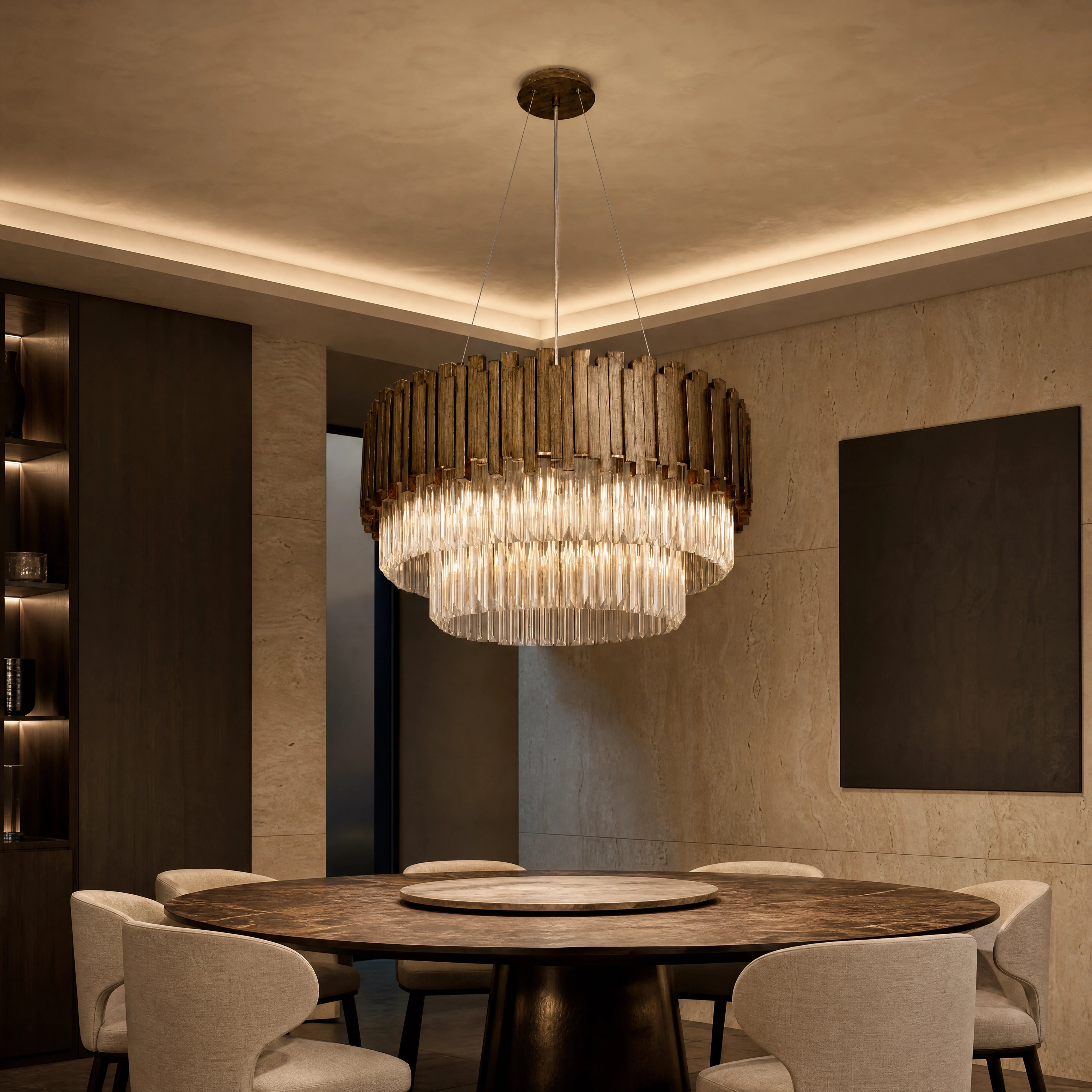 Malvera Antique Gold Three-Tier Chandelier close-up luxury lifestyle hero image by VORELLI