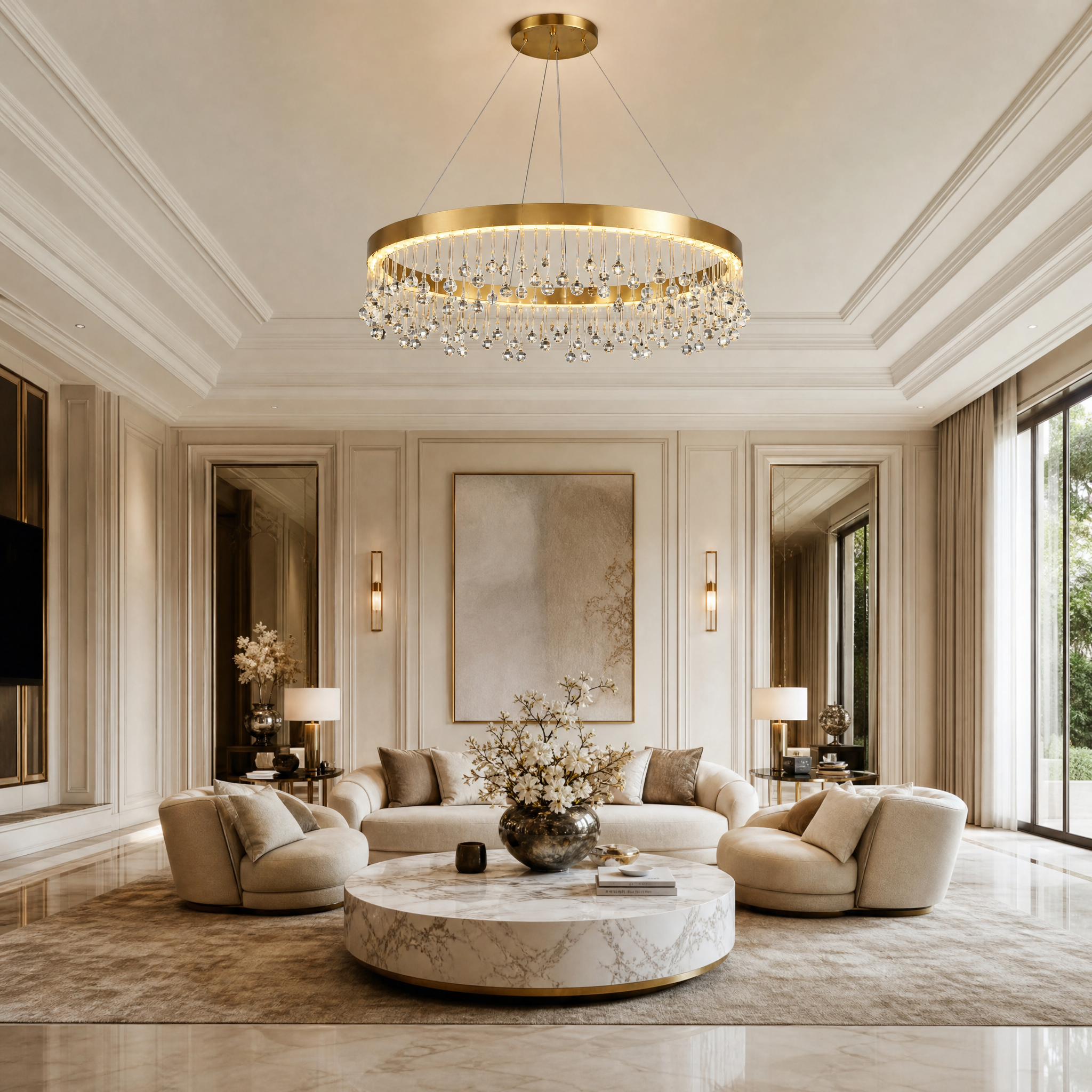 VORELLI Mancini circular crystal chandelier illuminating a luxury residential dining room table with an elegant, modern glow.